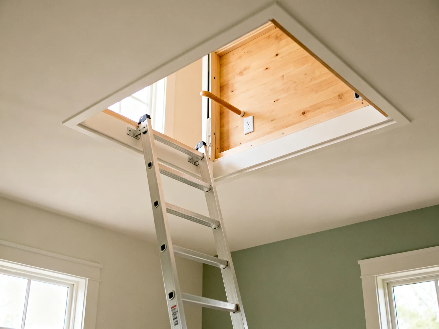 Safe access, a boarded landing and a light A fitted loft ladder extended through a hatch with a handrail, and a boarded landing area inside the hatch with a light switch