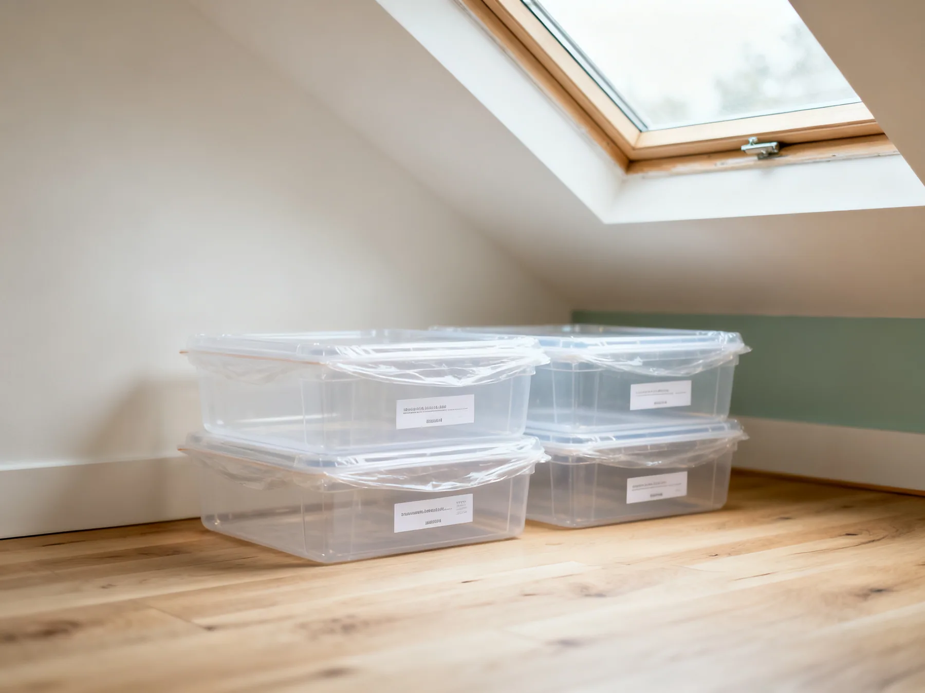 Sealed, labelled on the end, three high Sealed clear plastic bins in a loft labelled on the short end facing the hatch, stacked no more than three high