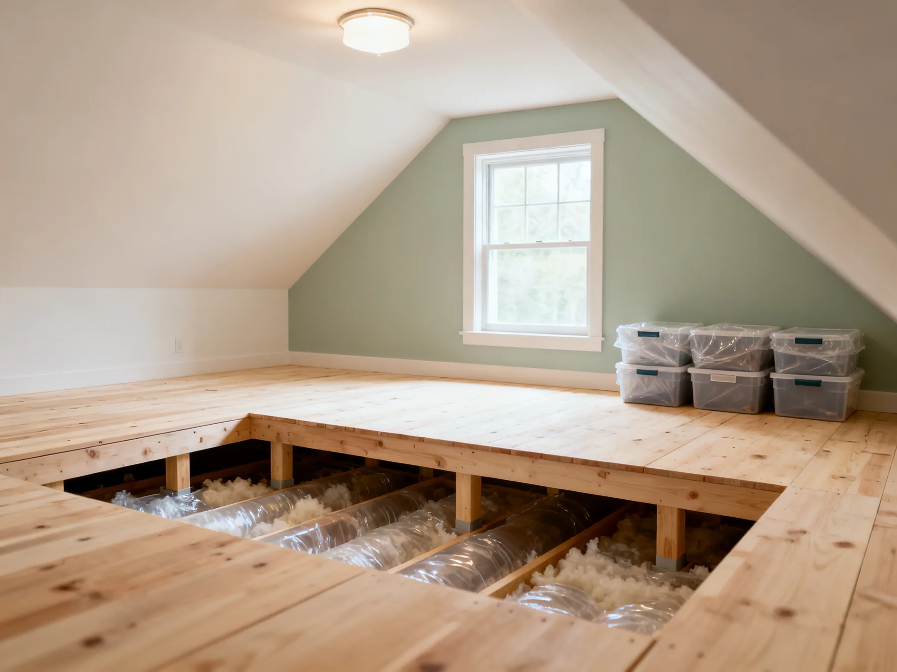 Board above the insulation, never on it A boarded loft with raised loft legs beneath the boards keeping them clear of insulation, sealed plastic bins stacked neatly