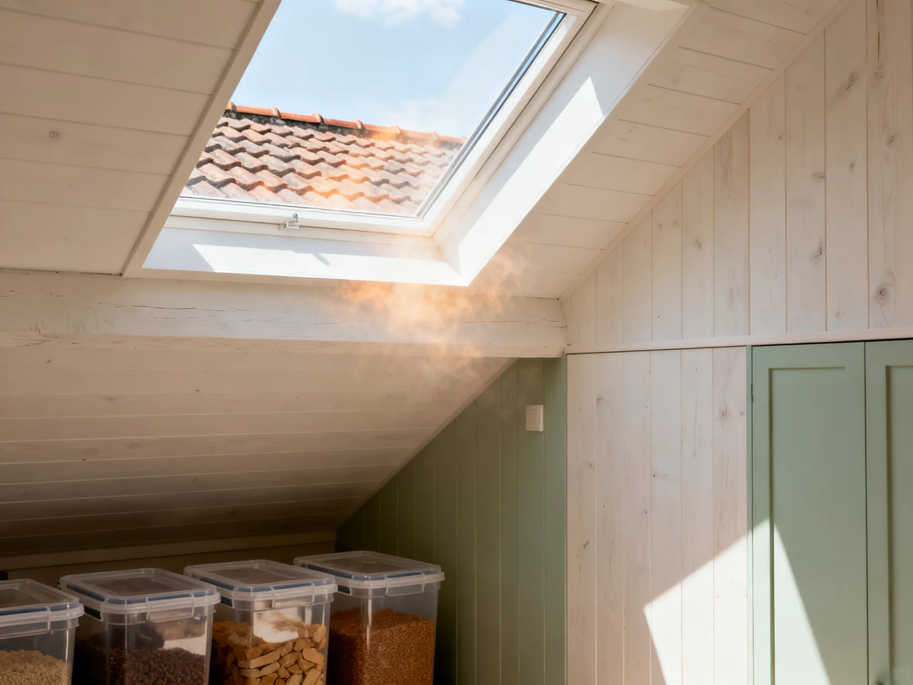 A loft swings from freezing to very hot A loft interior in strong summer light near the roof tiles, with sealed bins of hard goods stored low and nothing fabric or fragile