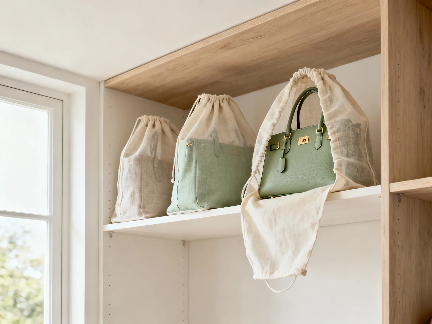 Cotton dust bags, never plastic A high wardrobe shelf holding three handbags in breathable cotton dust bags, one partly open to show the bag inside, each with a small label