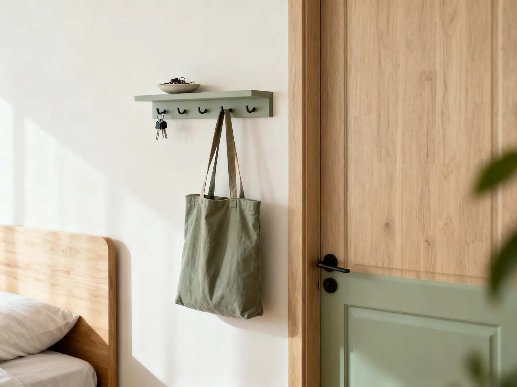 One hook for the bag you use every day A single wall hook by a bedroom door at shoulder height holding one everyday tote bag, with a small shelf above holding keys in a dish