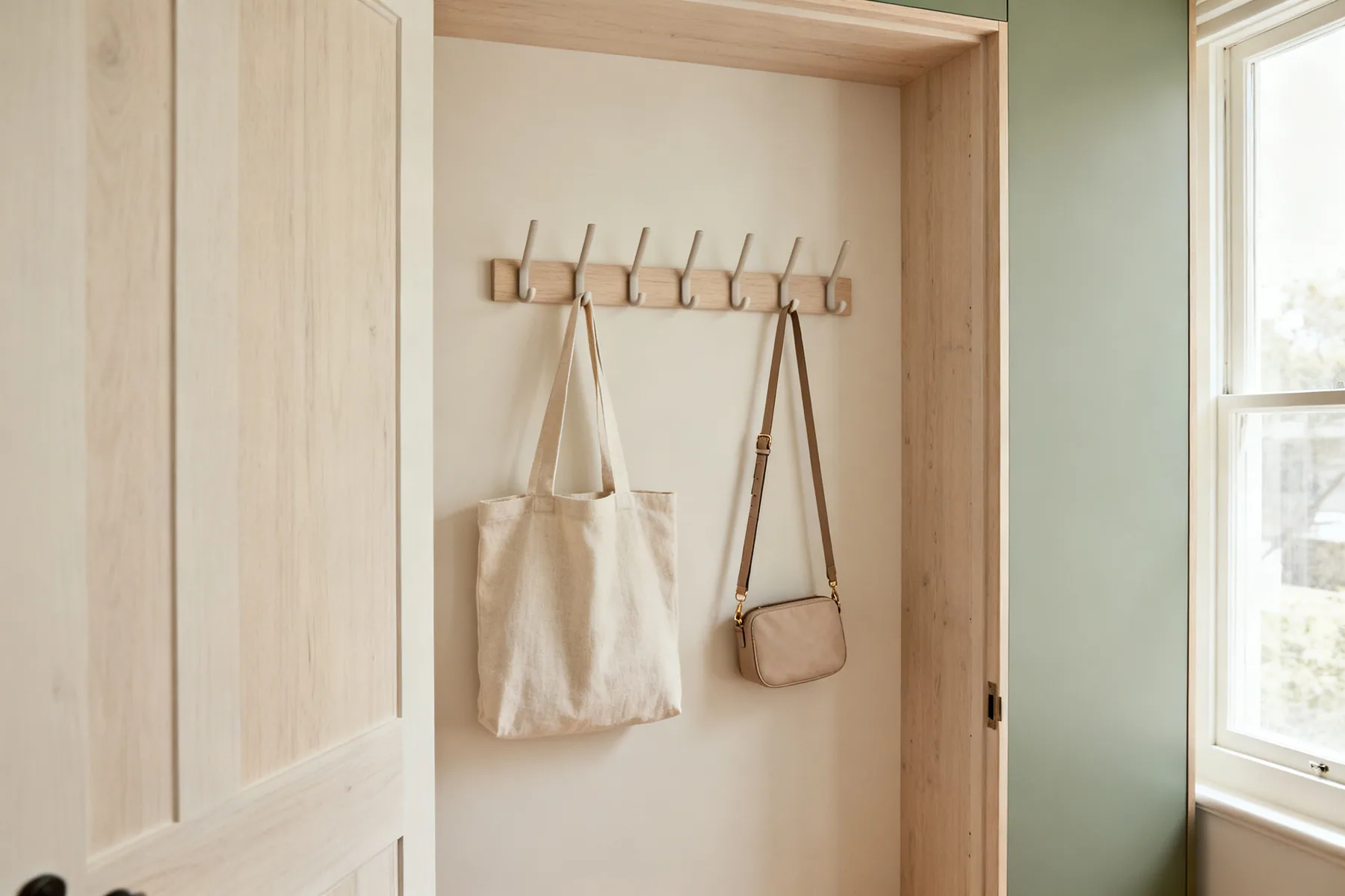 Hooks for soft bags, shelves for structured ones The inside of a wardrobe door fitted with slim hooks holding soft fabric tote bags and a crossbody bag by their straps, hanging flat