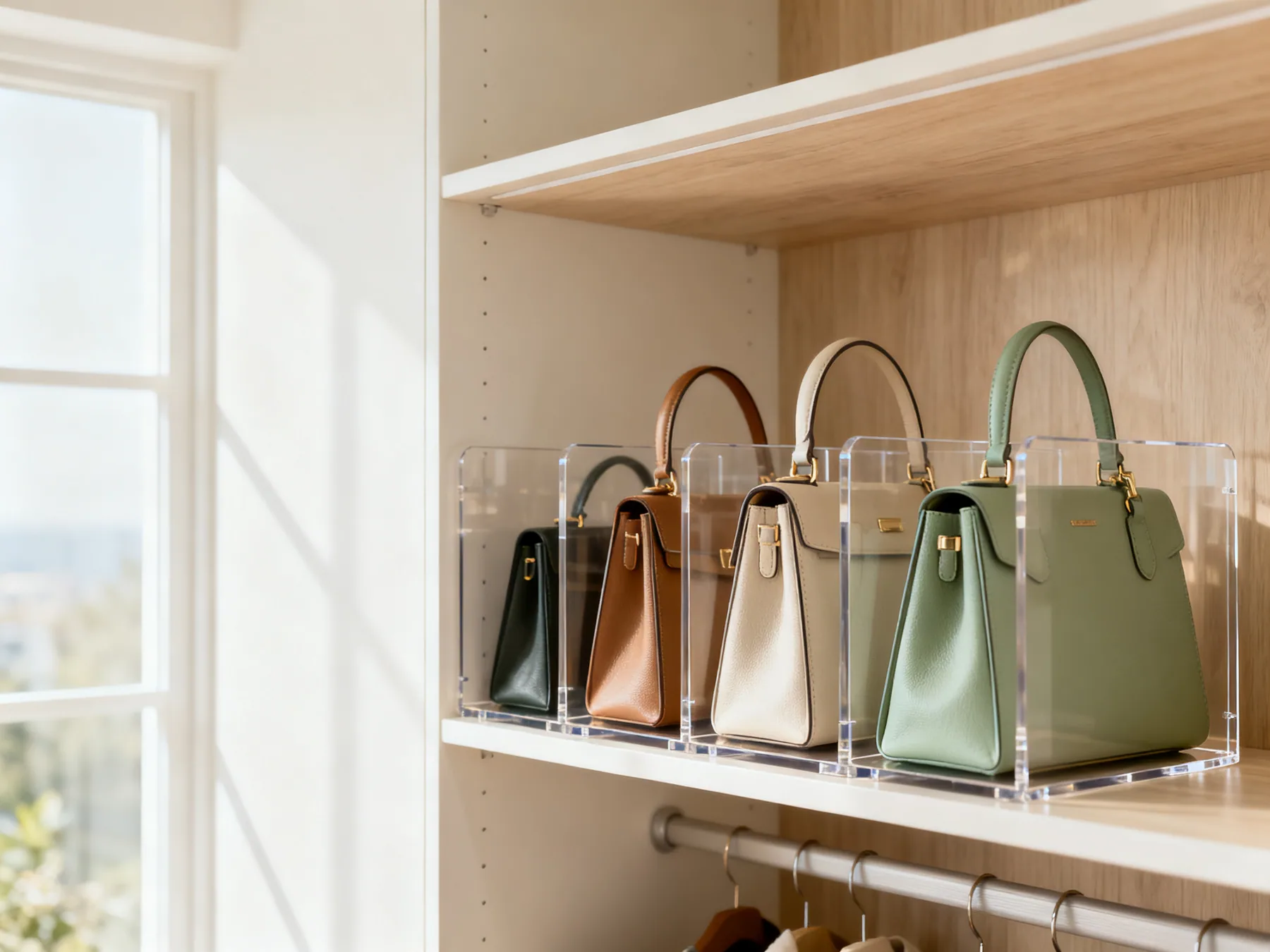 Dividers stop bags collapsing on each other A wardrobe shelf with clear acrylic dividers holding handbags upright in their own slots, each holding its shape and visible from the front