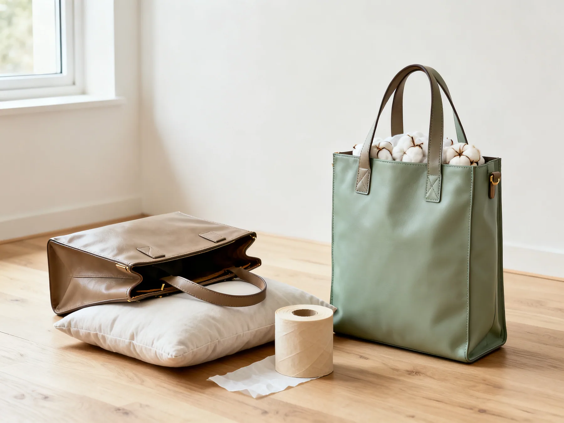 Stuff it, but not with newspaper A structured leather handbag open beside a cotton pillow insert and acid-free tissue, with a second bag already stuffed and standing upright holding its shape
