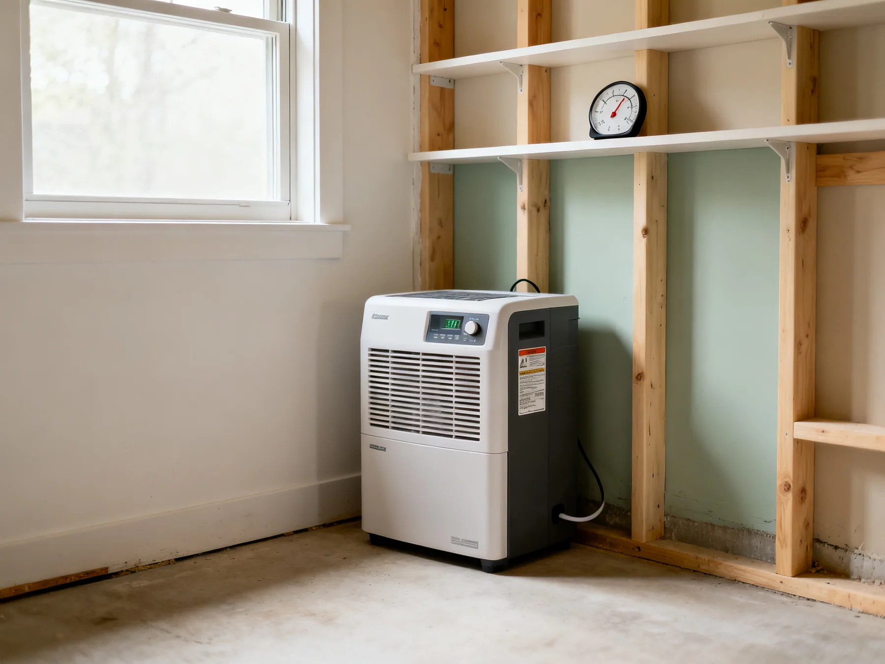 Measure it before you fix it A basement corner with a dehumidifier running beside a hygrometer on a shelf, with clear space around the unit