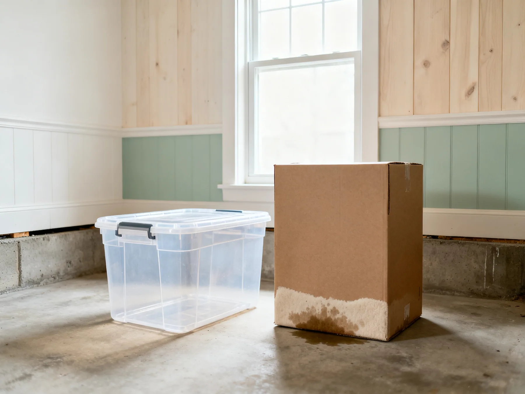 Cardboard is not a basement container A sealed clear plastic storage bin beside a cardboard box with a damp-stained soft base, both on a concrete basement floor