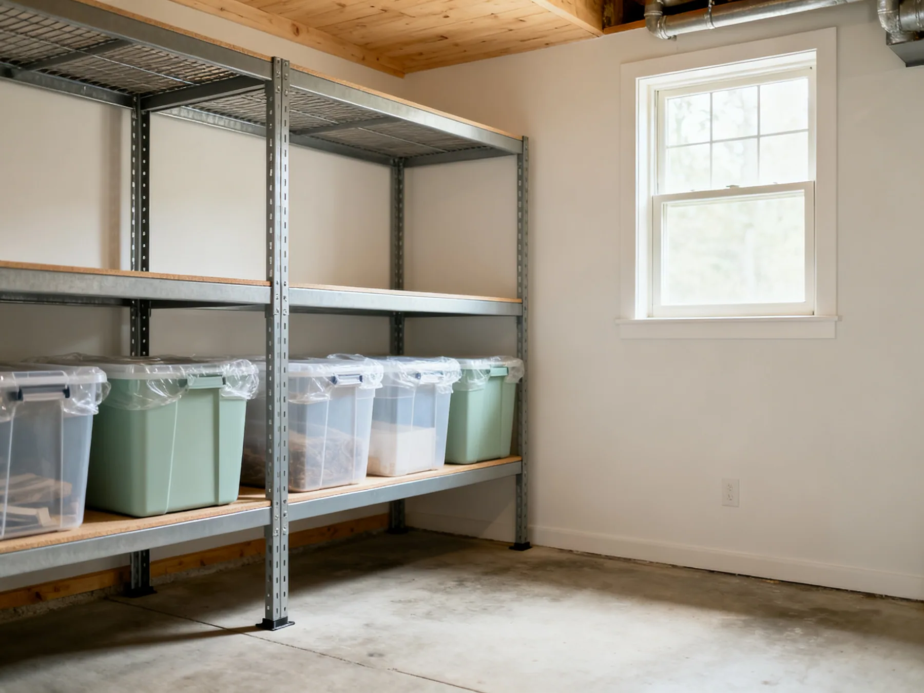 Nothing on the floor, nothing against the wall A dry basement with steel shelving standing clear of the walls, sealed plastic bins raised off the concrete floor