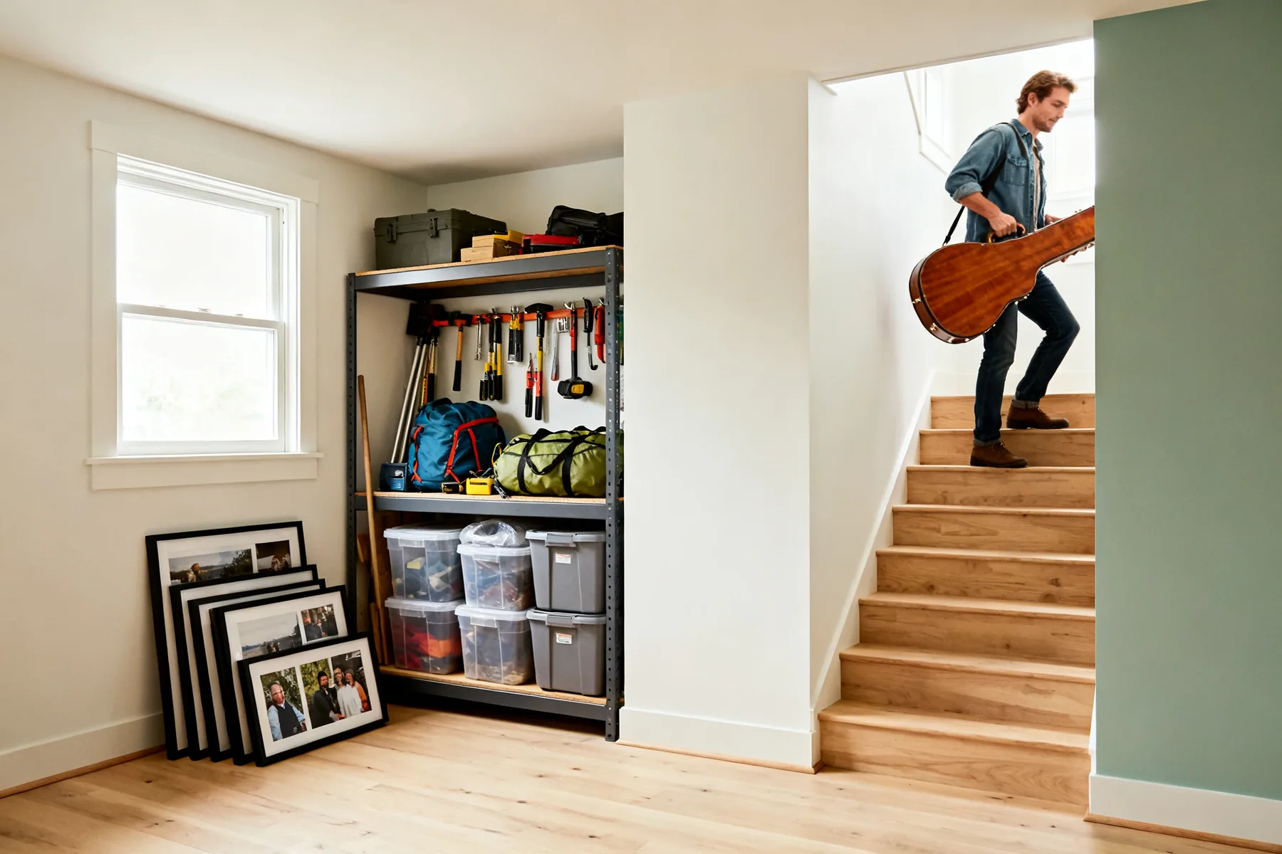 Some things should never live down here A basement shelf holding tools, camping gear and sealed bins, with framed photographs and a wooden instrument case being carried up the stairs