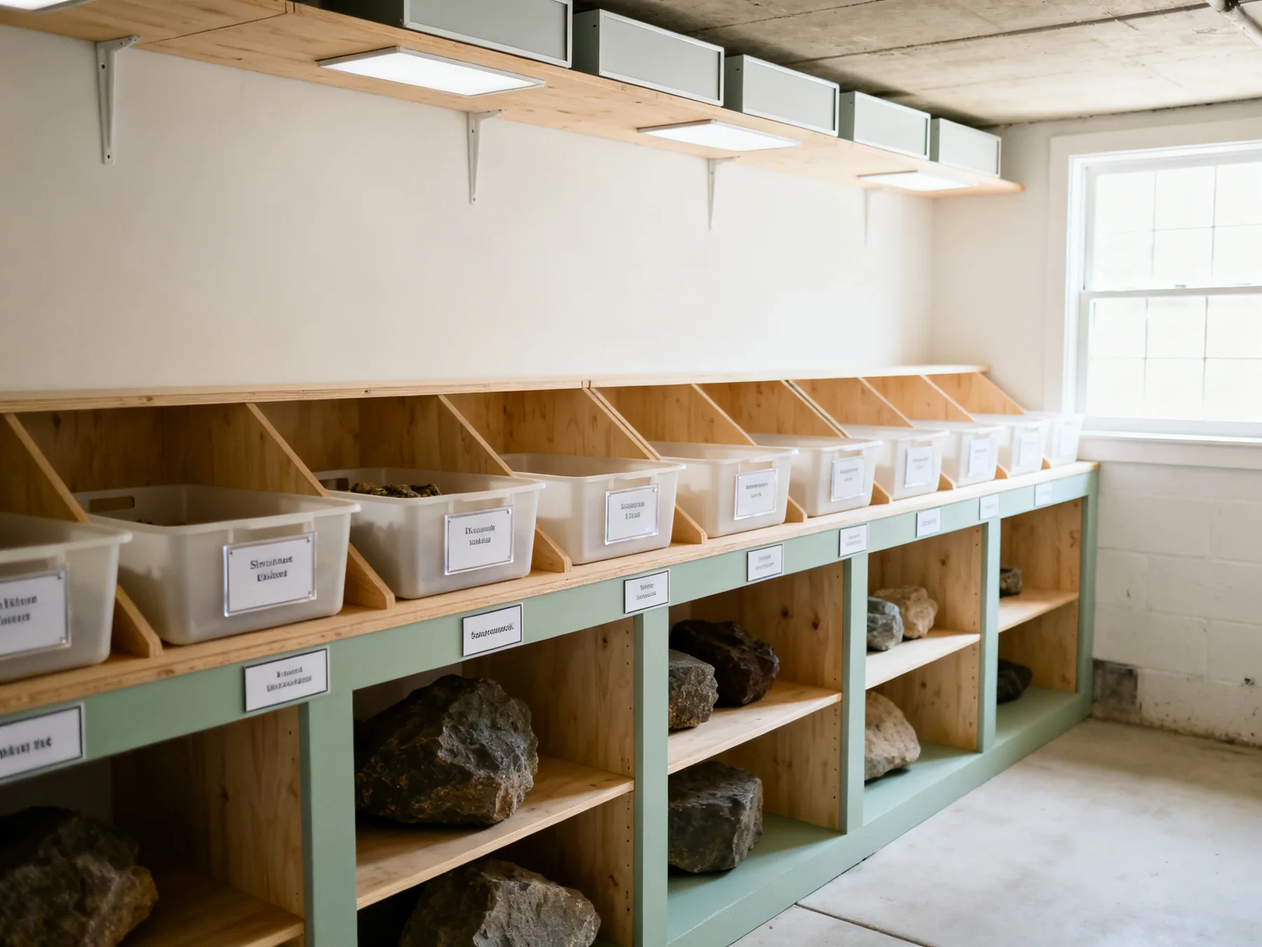 Label the end you can actually see Basement shelving with bins labelled on the end facing out, grouped into zones, heavy items low and light boxes above