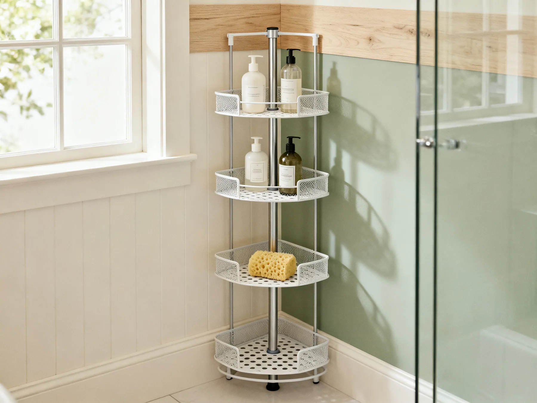 A corner tower, no fixings into the tile A tension-pole corner shelf tower in a shower enclosure with four open mesh shelves holding bottles and a sponge, the perforated bases letting water drain through