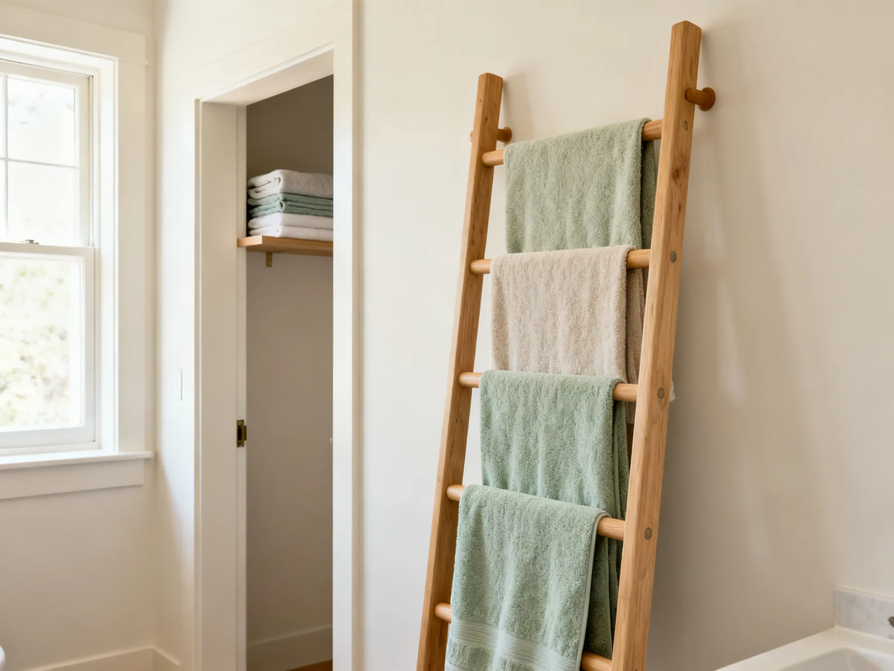 Four towels in the footprint of one hook A wall-mounted timber ladder towel rail holding four towels over separate rungs with air gaps between them, and a shelf above the door frame holding folded spare towels