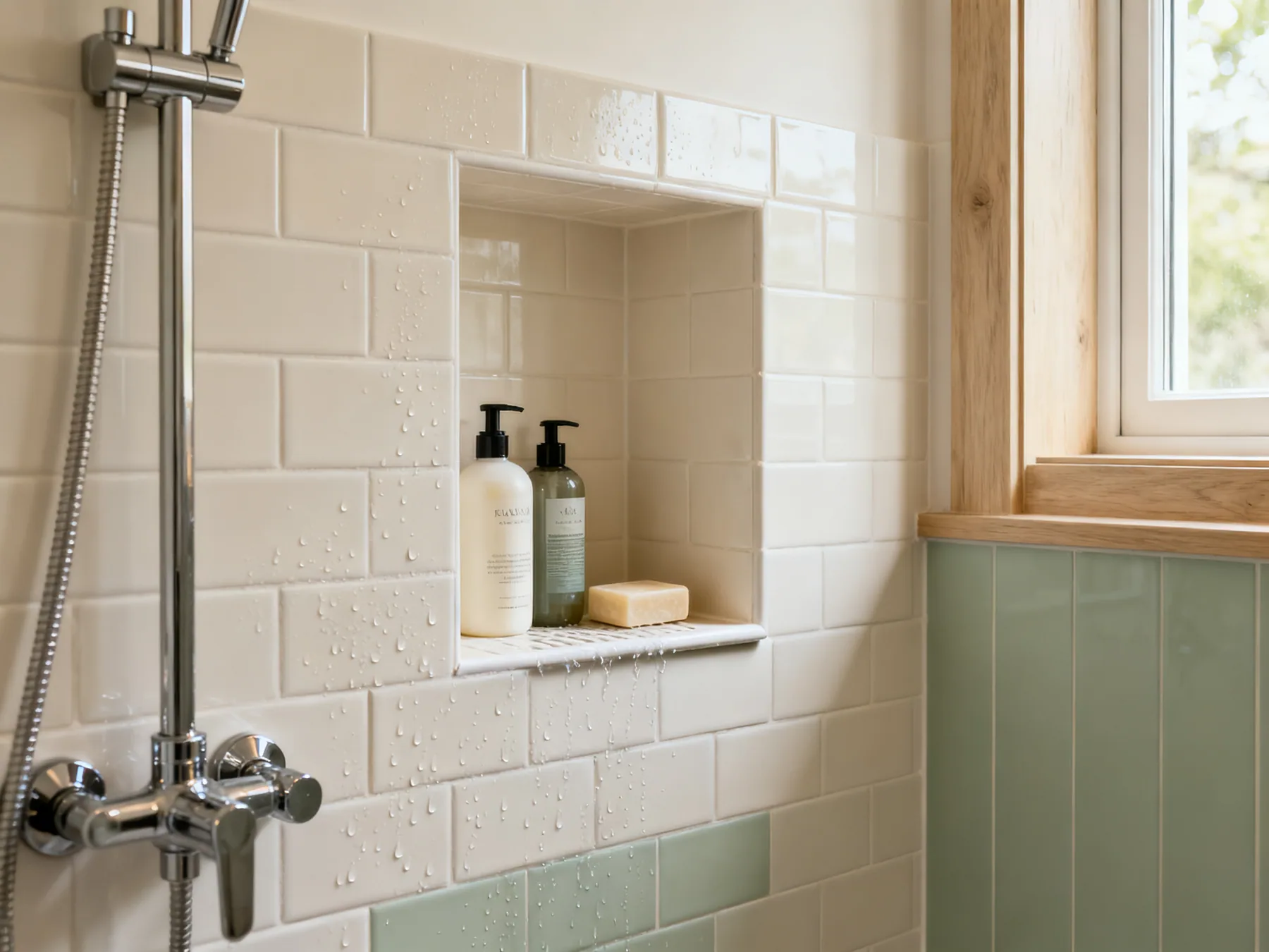A niche projects into the room by nothing A tiled recessed niche set flush into a shower wall holding shampoo bottles and soap, with its base sloping slightly forward so water drains out