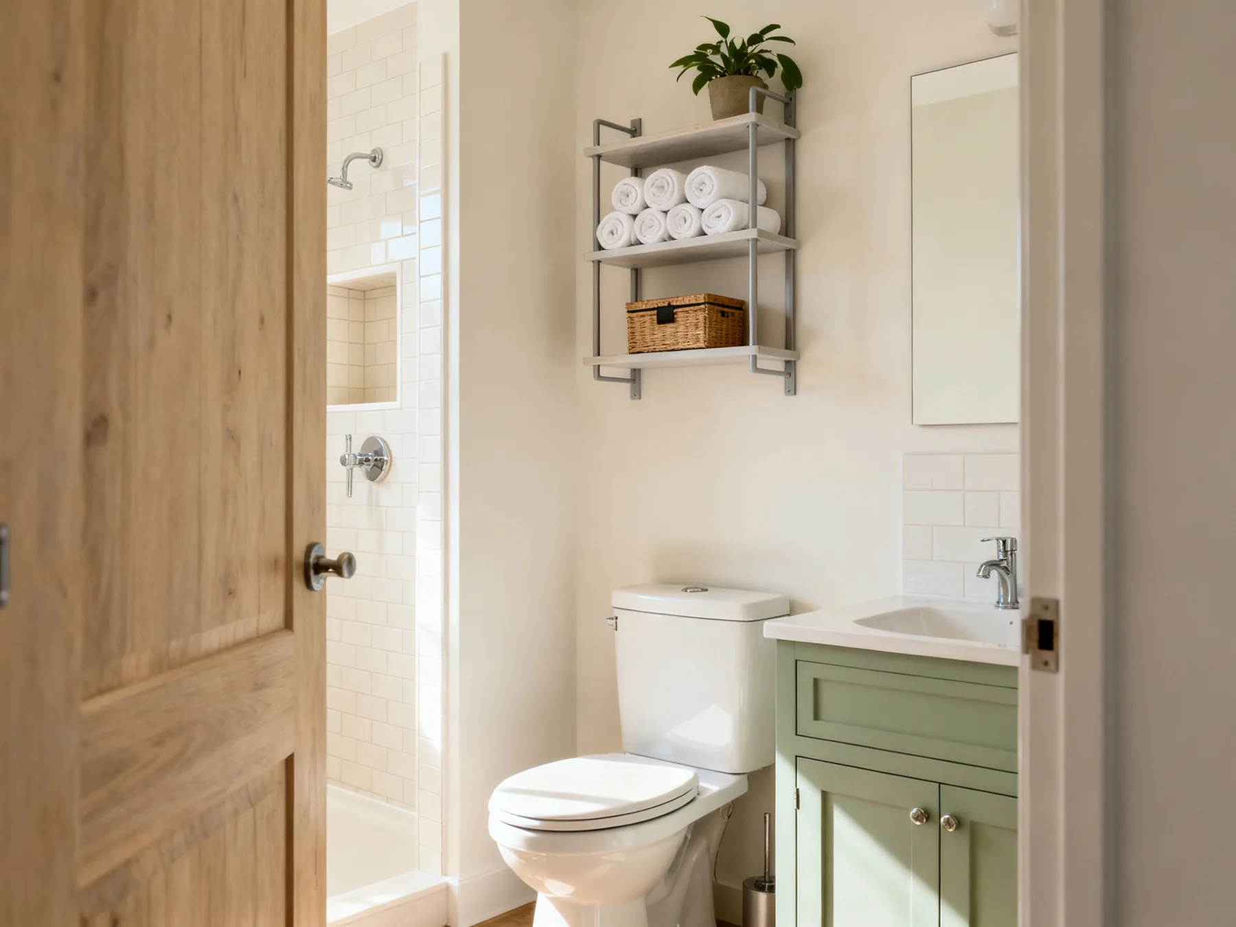Over-the-toilet shelving, the largest unused wall in most bathrooms A small bathroom with a slim three-tier shelf mounted on the wall above the toilet cistern holding rolled towels and a lidded basket, a vanity unit beside it, and a recessed tiled niche in the shower wall