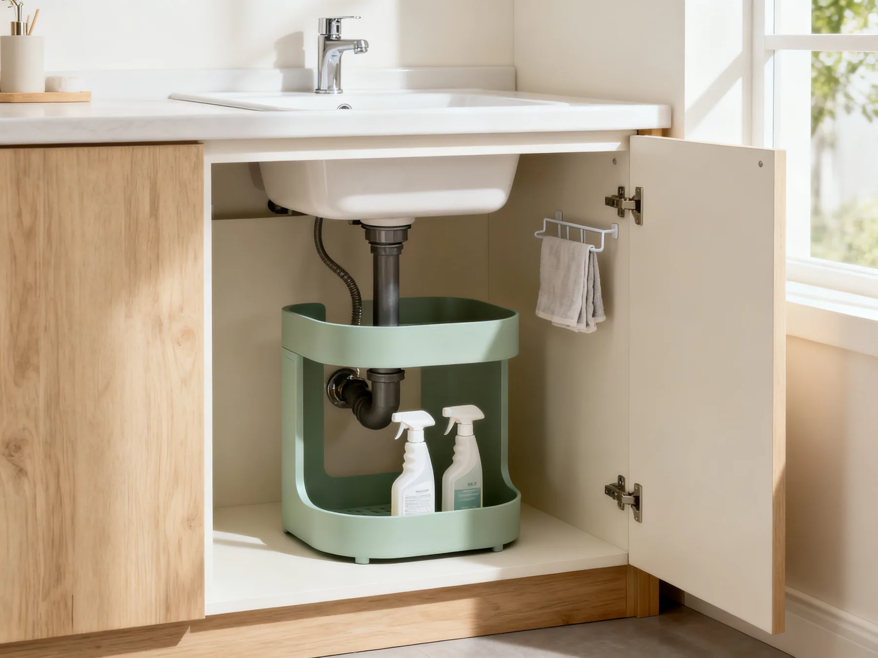 An organiser shaped around the trap An open bathroom vanity cabinet with a two-tier U-shaped organiser fitted around the plumbing trap, cleaning sprays at the front, and a cloth rack fixed inside the cabinet door