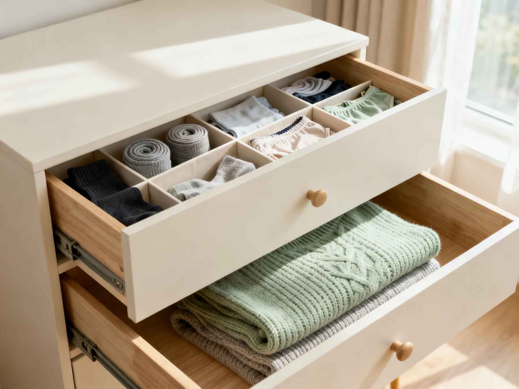 File on edge, do not stack flat An open chest of drawers from above with the top drawer divided into compartments for rolled socks and the drawer below holding knitwear stacked on edge