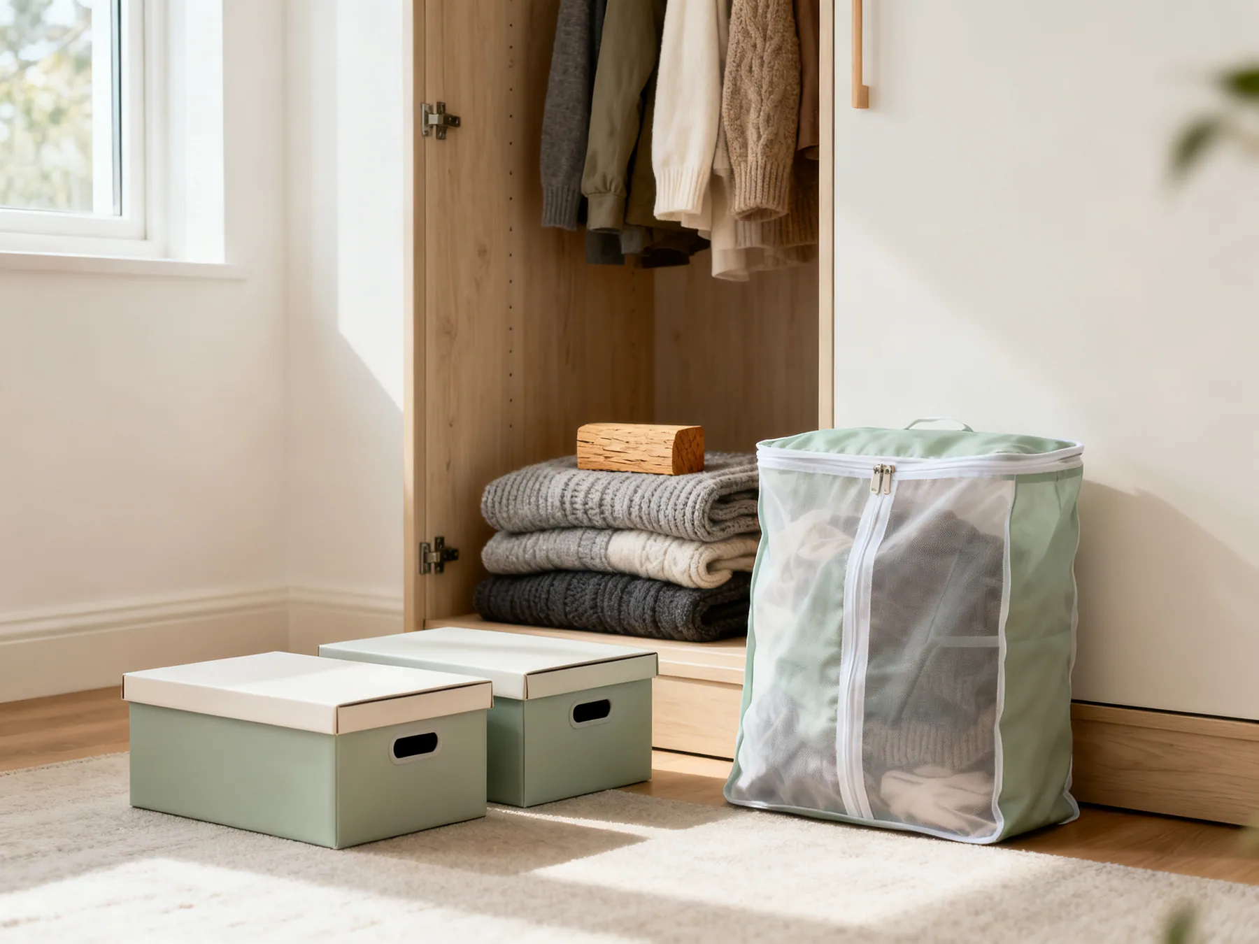 Half your clothes are unwearable half the year Two labelled lidded boxes and a breathable garment bag part-filled with folded winter knitwear beside an open wardrobe, with a cedar block on the pile