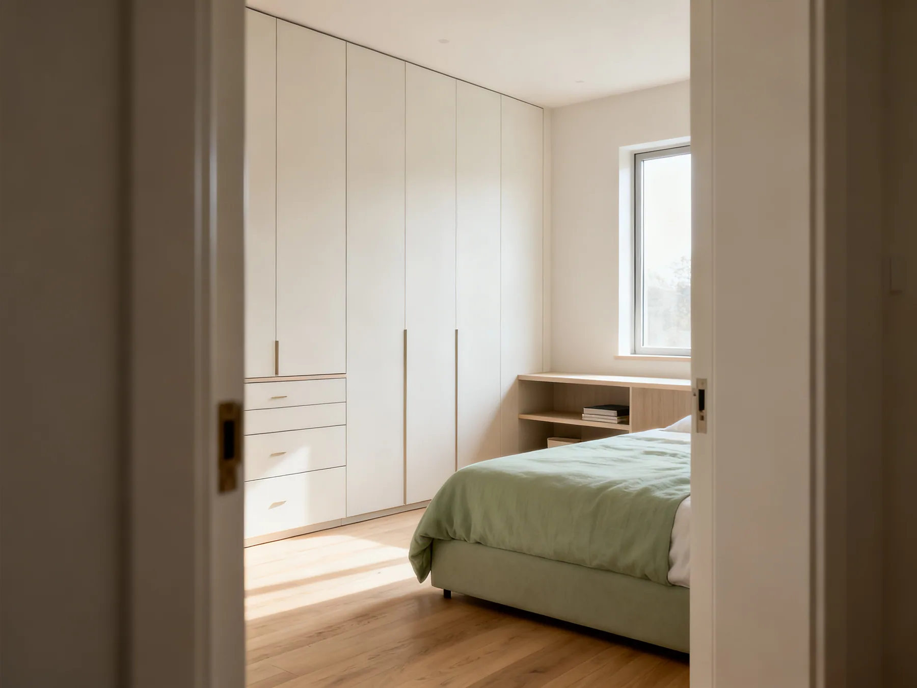 Bedroom storage planned as one system A double bedroom seen from the doorway with a full-height fitted wardrobe run along one wall, a low chest of drawers and a floating shelf beside the bed