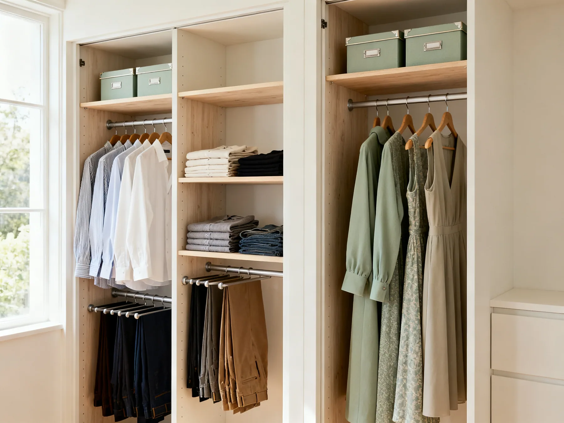 Two short rails plus one full-height section An open wardrobe interior with two stacked hanging rails holding shirts and folded trousers on the left and a full-height section for long coats on the right