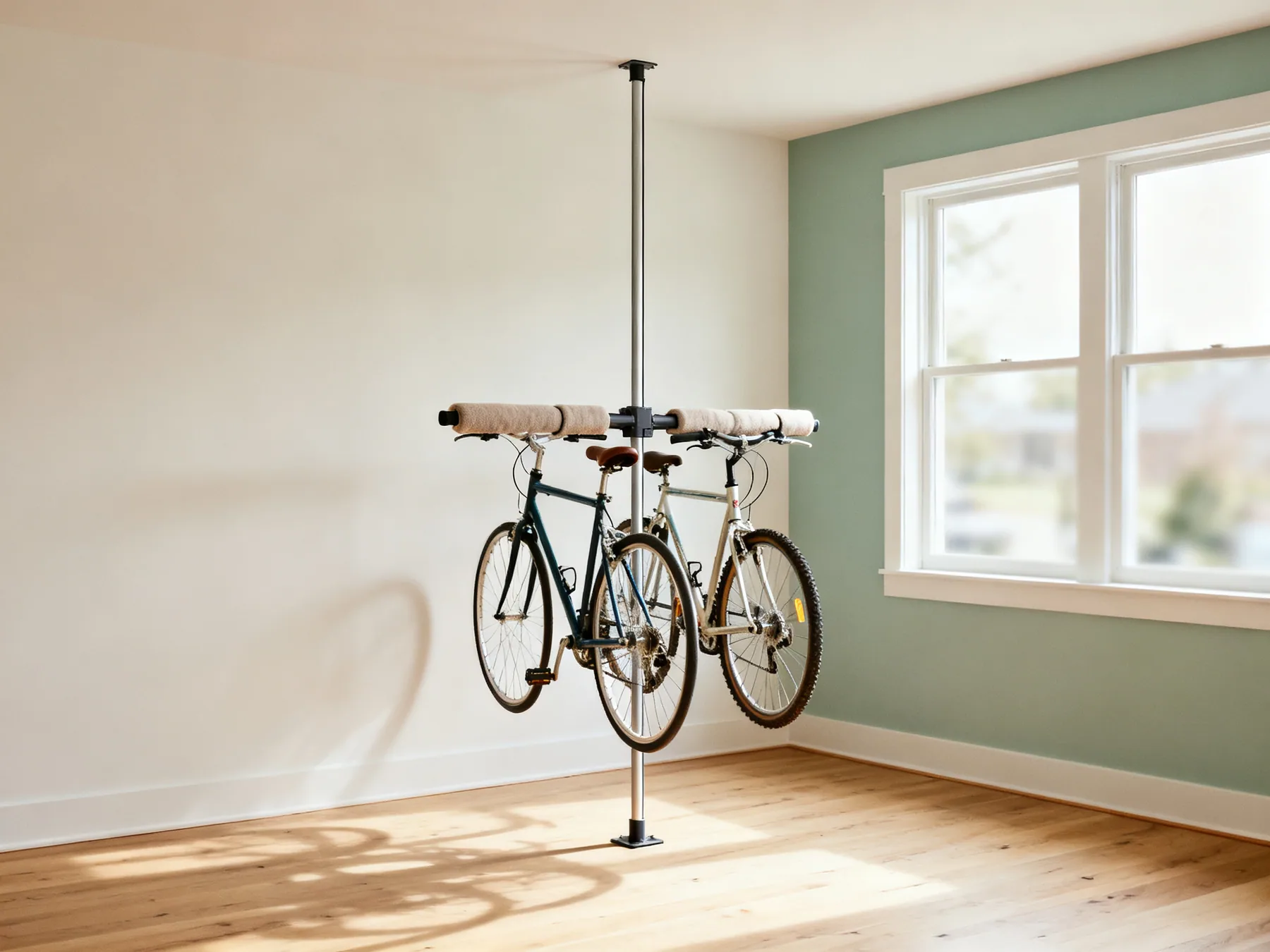 Two bikes, no drilling at all A floor-to-ceiling tension pole in the corner of a flat holding two bicycles on padded arms, braced between floor and ceiling with no wall fixings