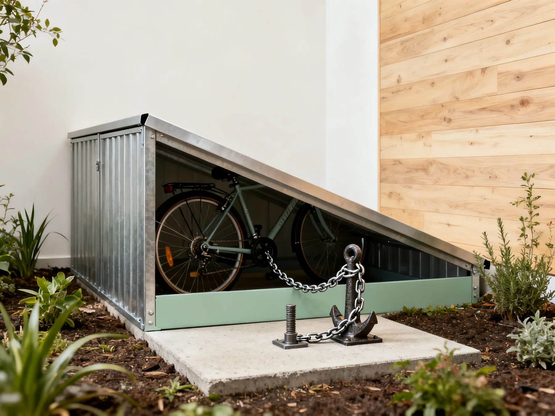 The anchor is the security, not the shed A low steel bike locker with the lid raised showing a bicycle chained to a ground anchor bolted into the concrete base beneath it