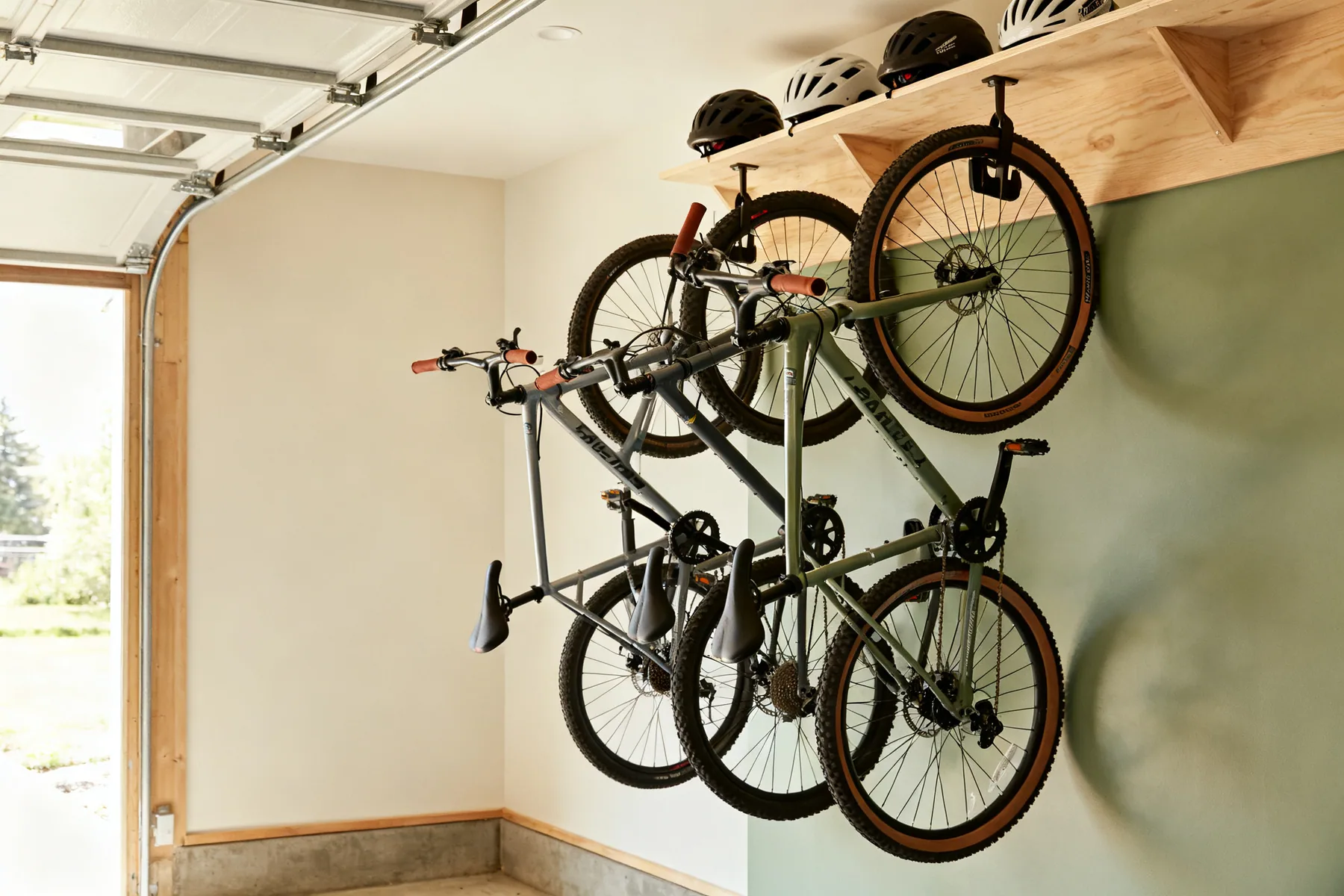 Stagger the heights so handlebars clear Three bicycles hung vertically by their front wheels at alternating heights so adjacent handlebars clear each other, with a shelf of helmets above