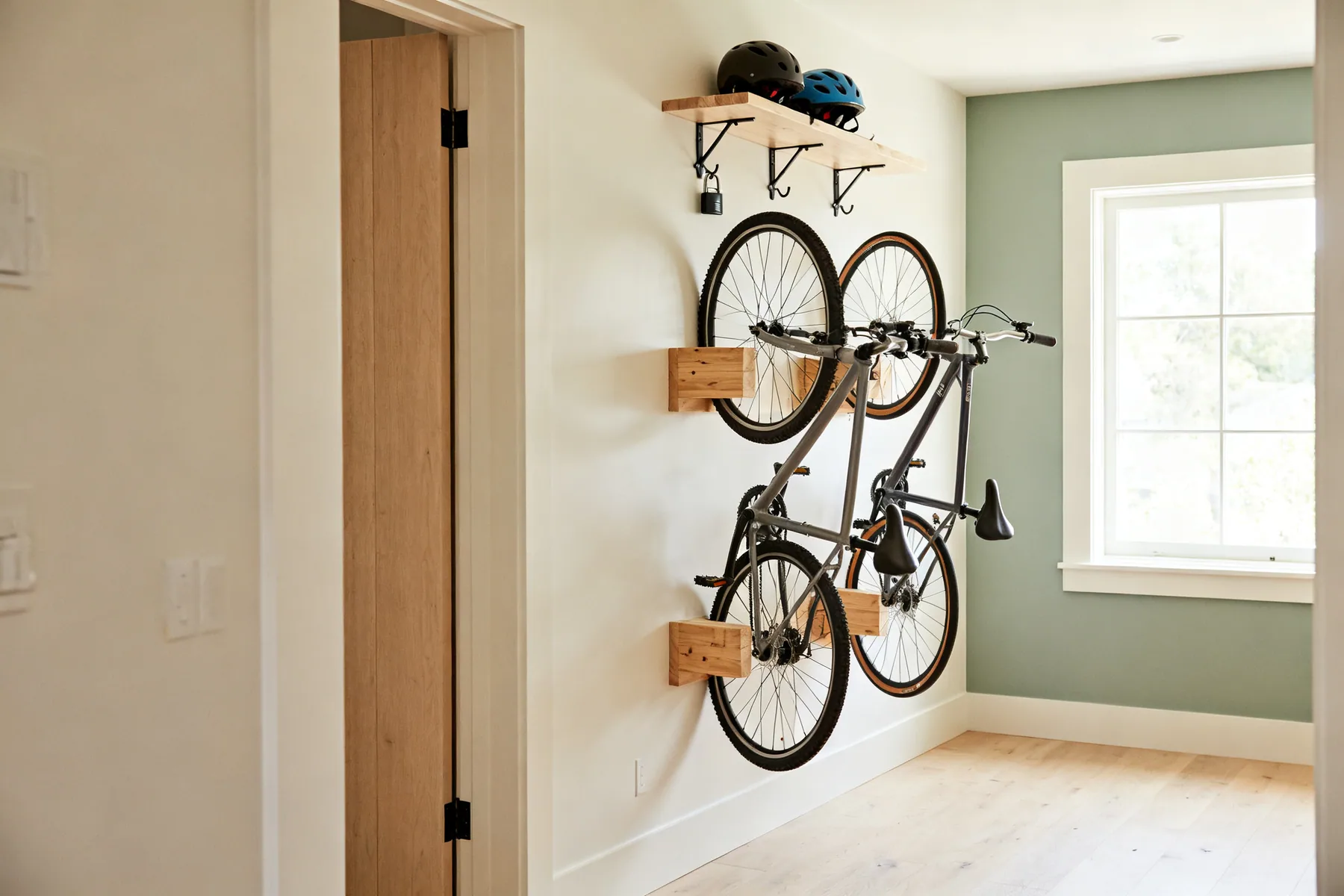 Bikes hung vertically, about 400mm of wall each Two bicycles hung vertically by their front wheels on wall hooks at staggered heights so the handlebars clear each other, with a shelf of helmets above and clear floor beneath
