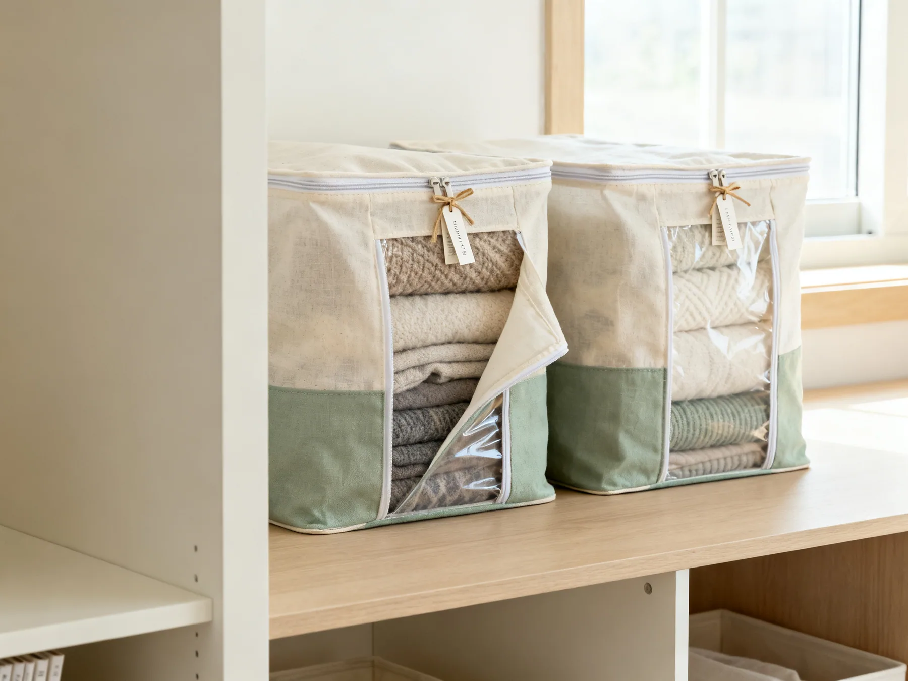 Cotton bags, and label them Two breathable cotton zip storage bags holding folded blankets, one partly open, on a shelf with labels tied to the zip pulls
