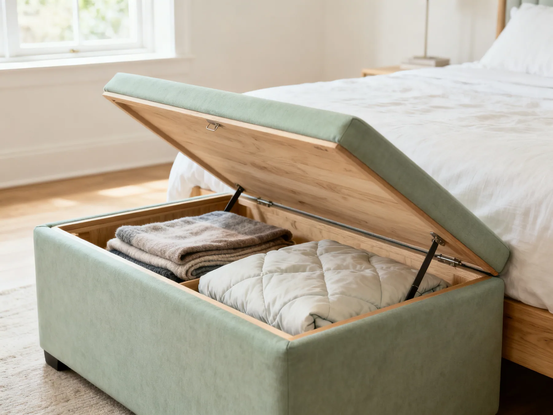 Bulk goes in a box that is also furniture A lidded storage ottoman at the foot of a bed with the lid raised, holding folded blankets and a spare duvet