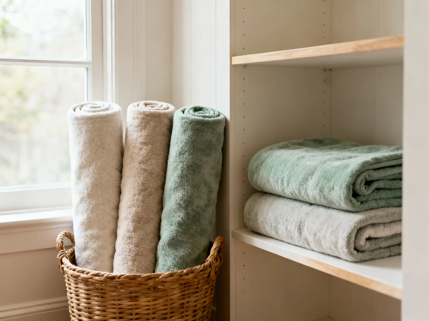 Roll for access, fold for stacking Three blankets rolled into cylinders standing upright in a basket beside three blankets folded flat in a stack on a shelf