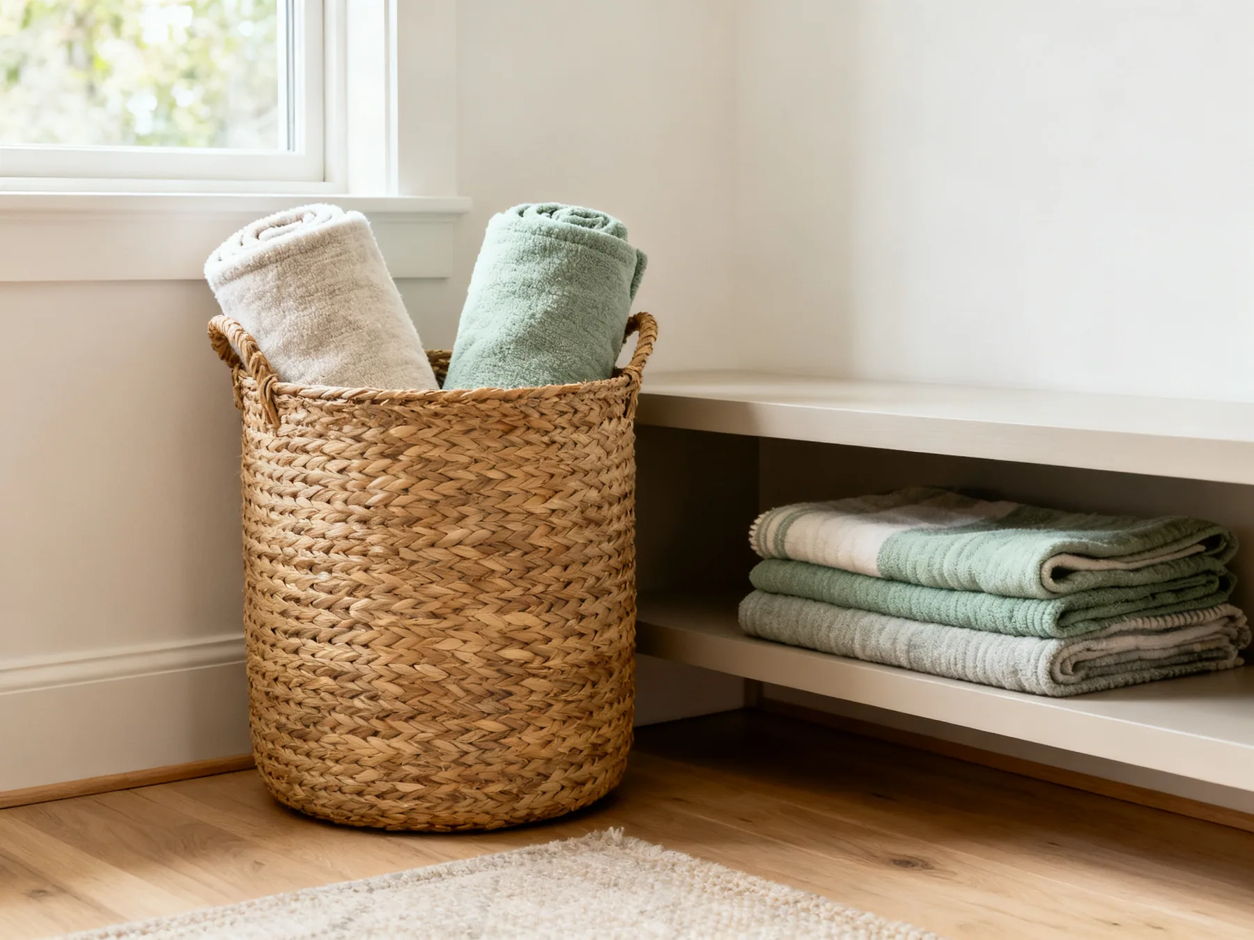 Blankets need to be reachable to get used A living room corner with a large woven basket holding two rolled blankets beside a low shelf of neatly folded throws