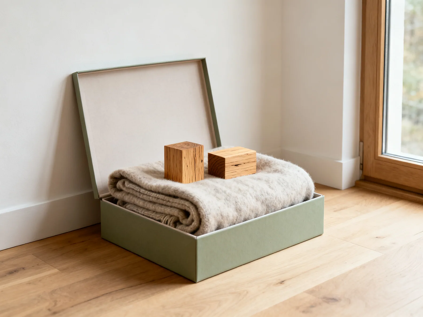 Wool blankets get washed before they get stored A folded wool blanket in a lidded box with two cedar blocks on top and the lid resting open behind