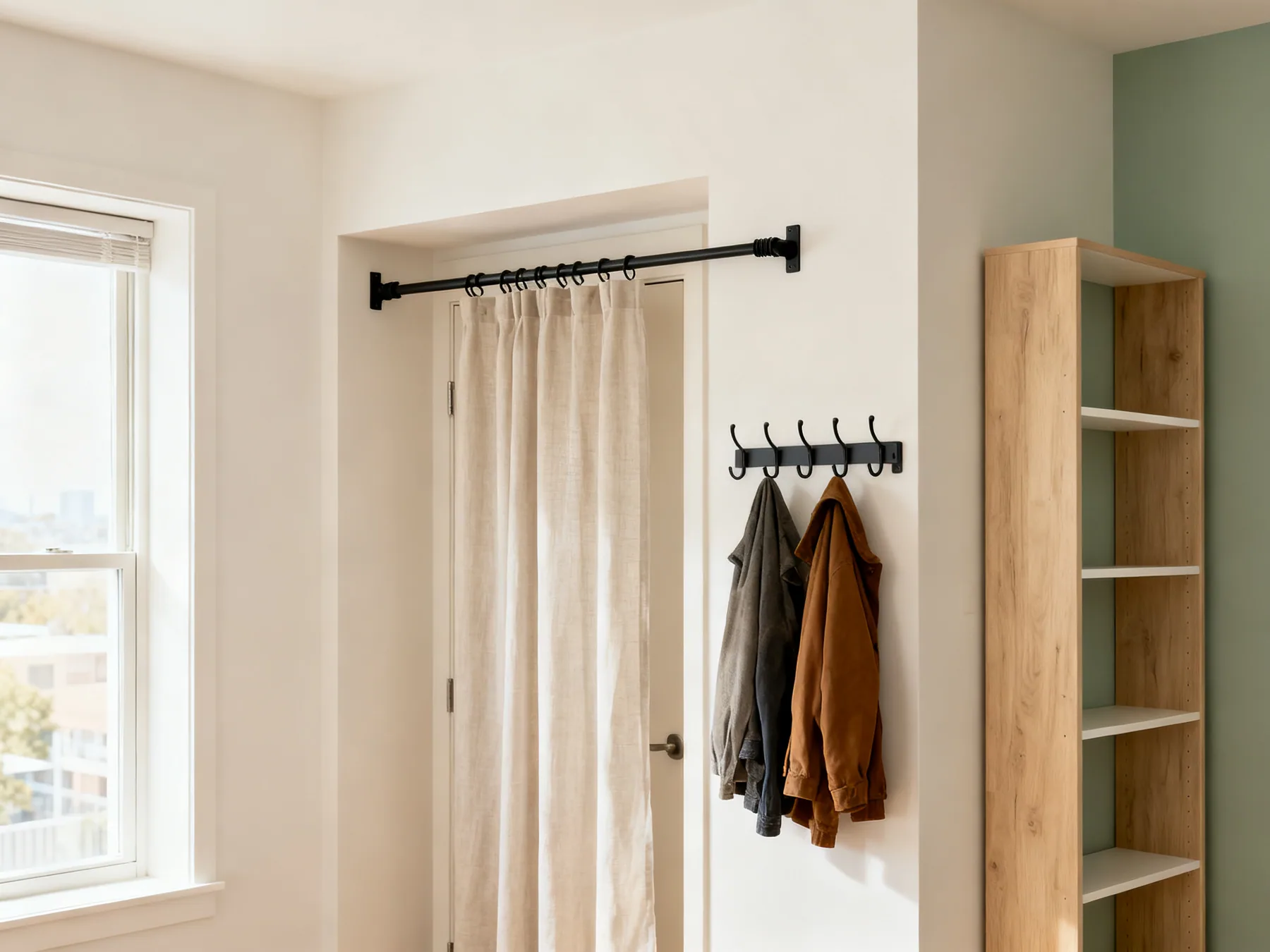Storage that leaves no holes A rented flat with a tension rod holding a curtain across an alcove, an over-door hook rack with coats, and a tall freestanding shelving unit