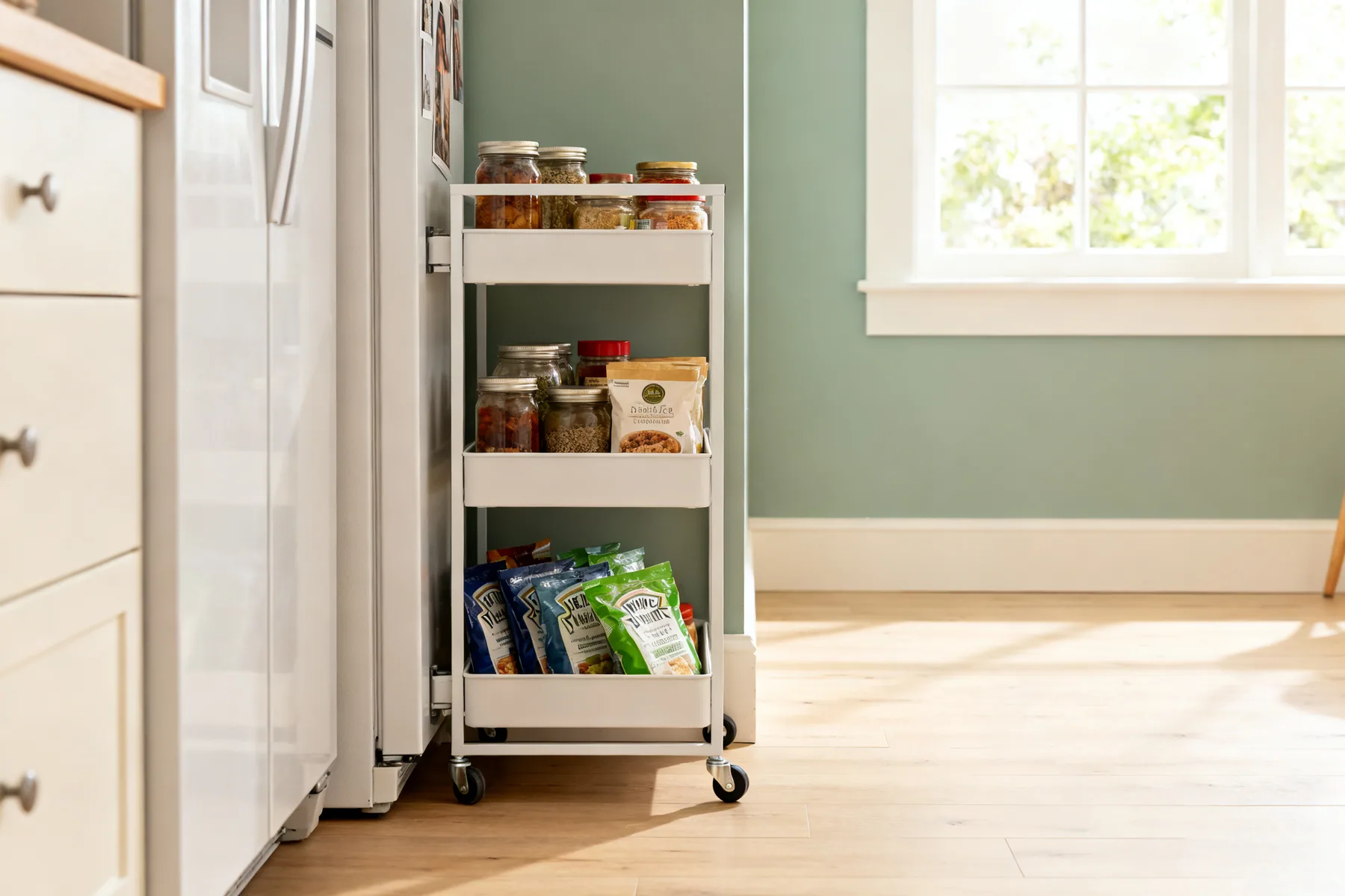 A gap of 150 to 300mm is storage A slim three-tier rolling cart pulled halfway out of the narrow gap between a fridge and a wall, loaded with jars and packets