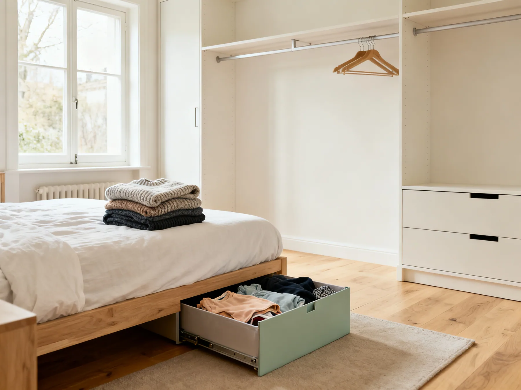 The twice-yearly changeover in progress A bedroom mid seasonal changeover with winter knitwear folded on the bed, an open under-bed box of summer clothing pulled out, and a half empty wardrobe rail