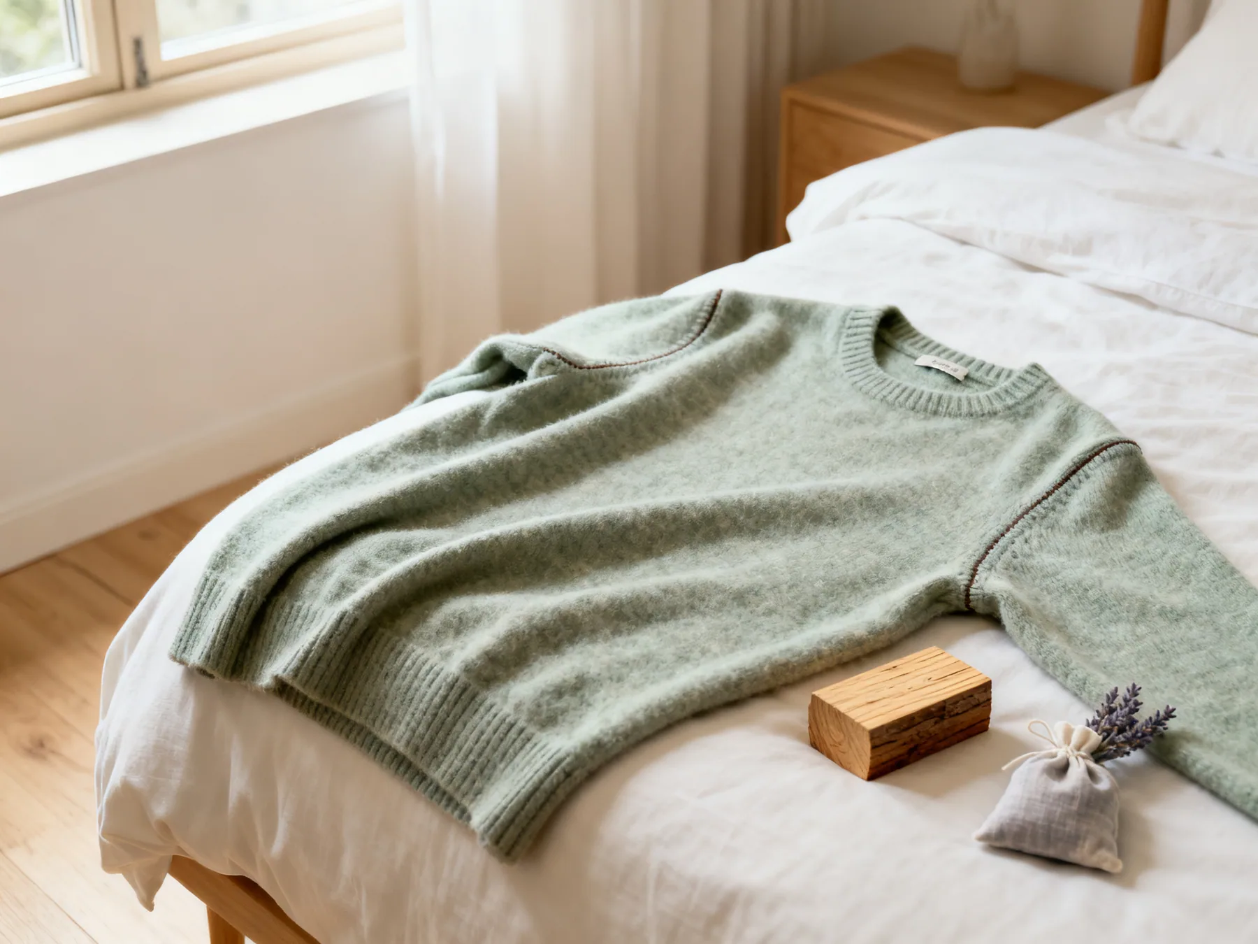 Check the folds and seams, not the surface A folded wool jumper opened out on a bed with its folds and seams being inspected, a cedar block and lavender sachet resting beside it