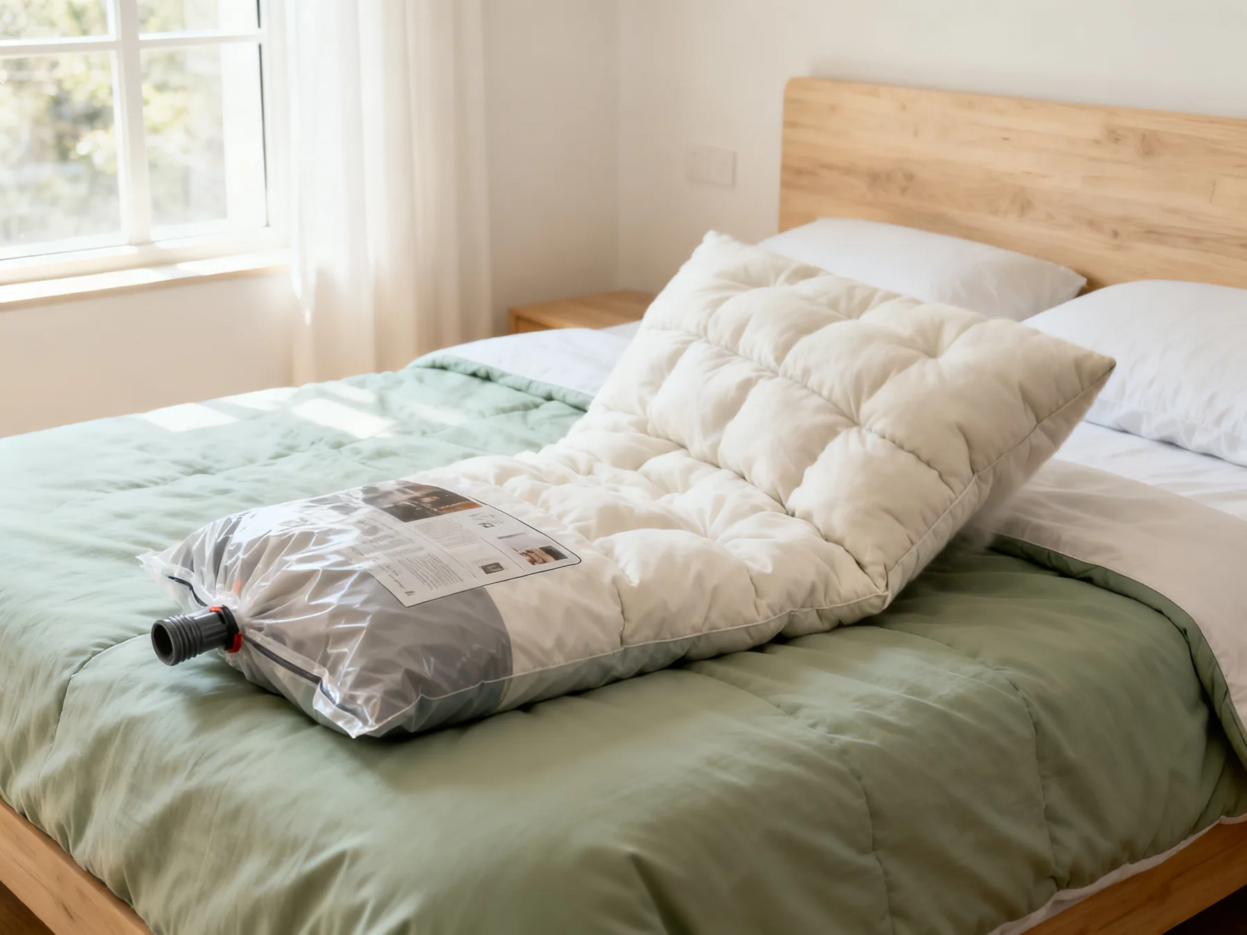 Re-loft anything that has been compressed A duvet just released from a vacuum bag, still flat and compressed on one side while the other has been shaken out and regained its loft