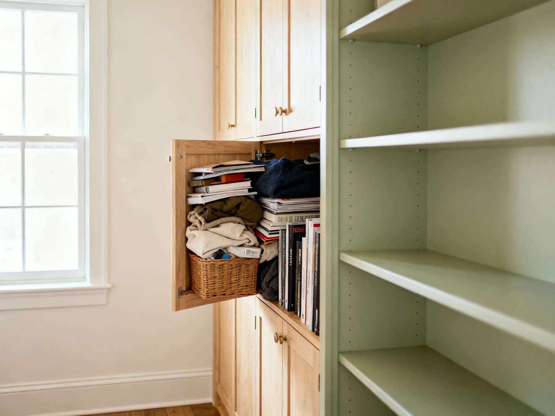 Eighty percent full is the usable limit A cupboard packed so tightly to the door that nothing can be removed without unpacking it, beside a calmer shelf that is only about eighty percent full