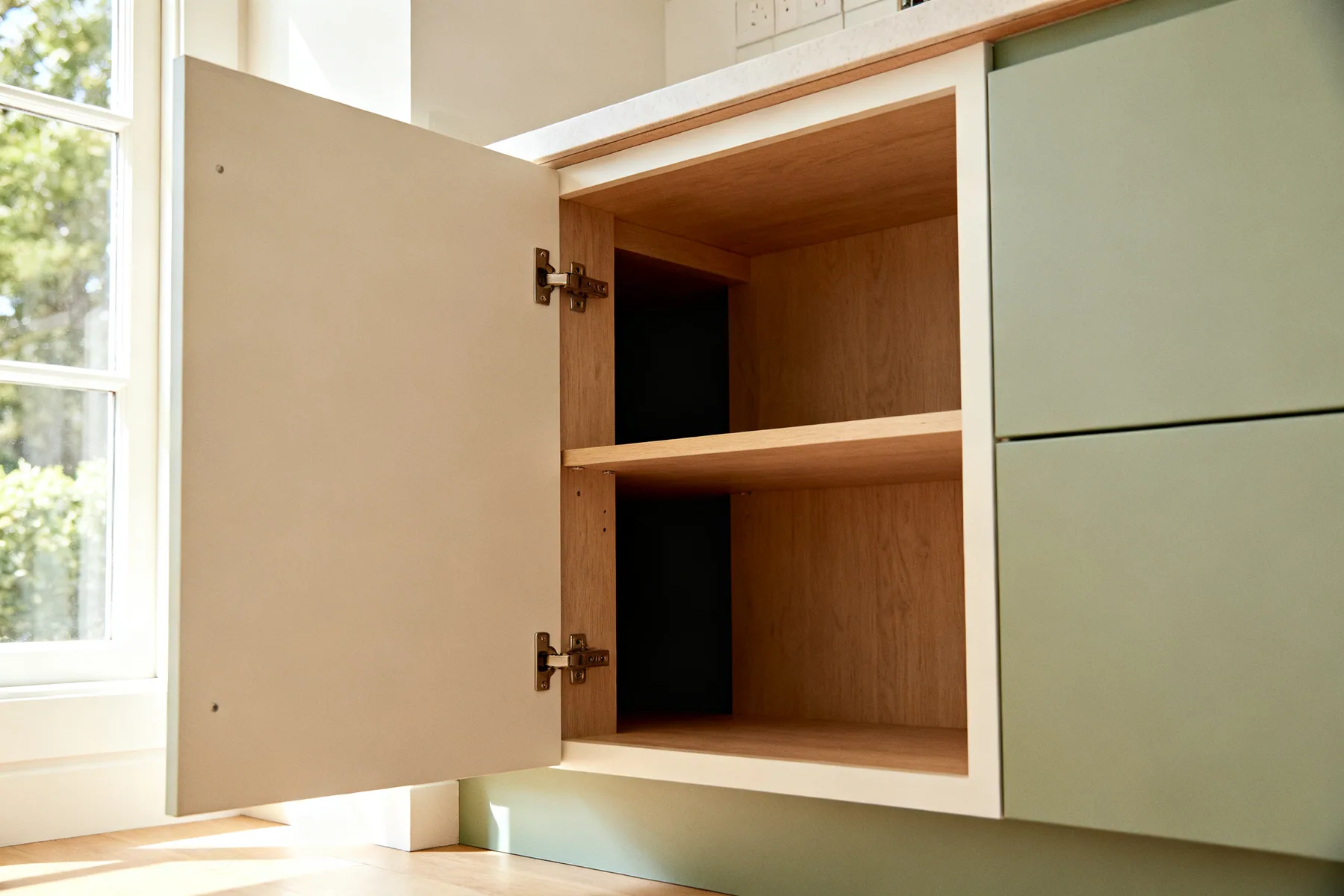 The wasted back half of a deep shelf A deep kitchen cabinet with fixed shelves, a front row of items and a dark unreachable void behind them