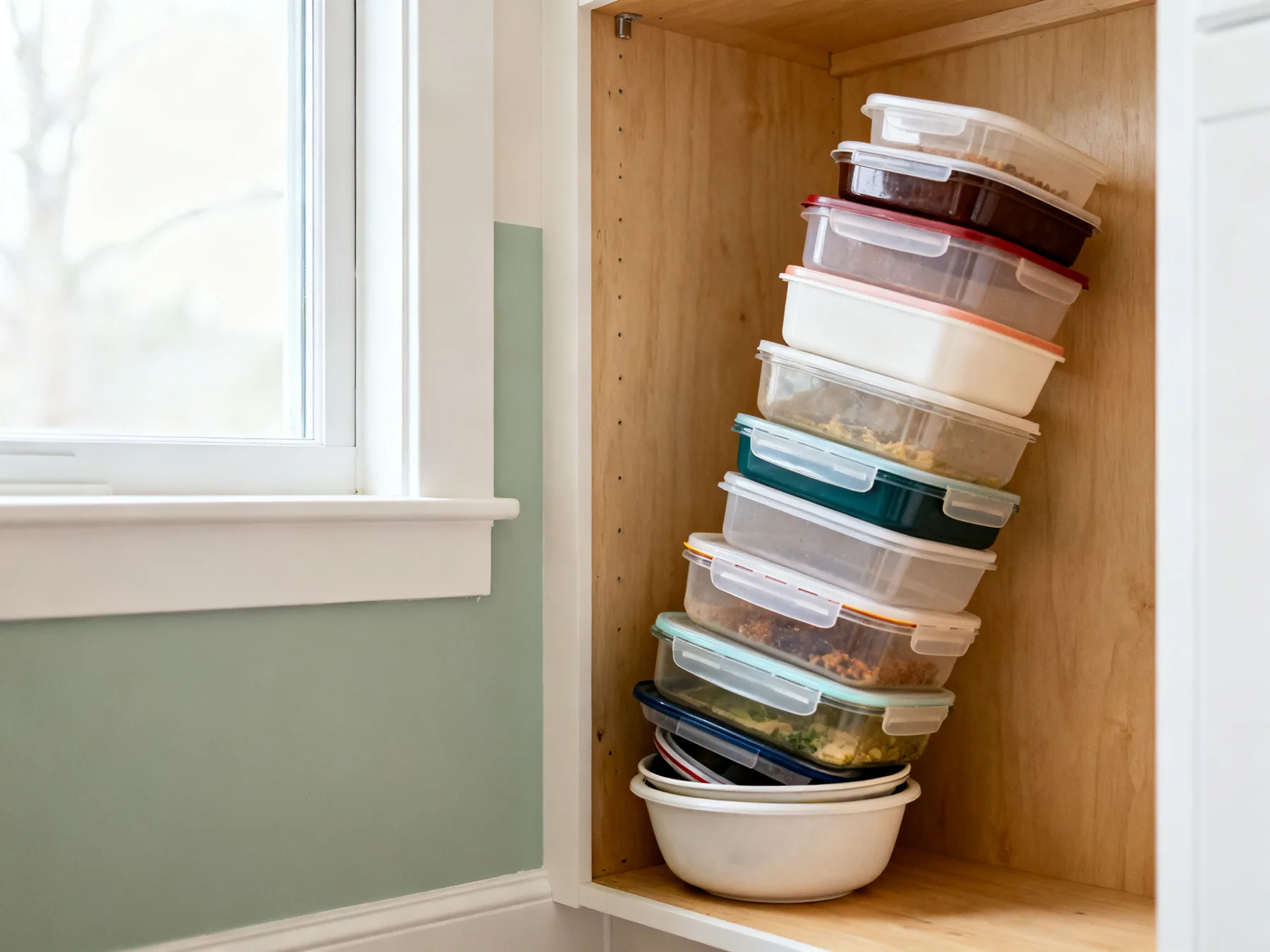 A stack is a queue with one item available A precarious tall stack of mismatched plastic food containers and lids in a cupboard, leaning, with the bottom container buried
