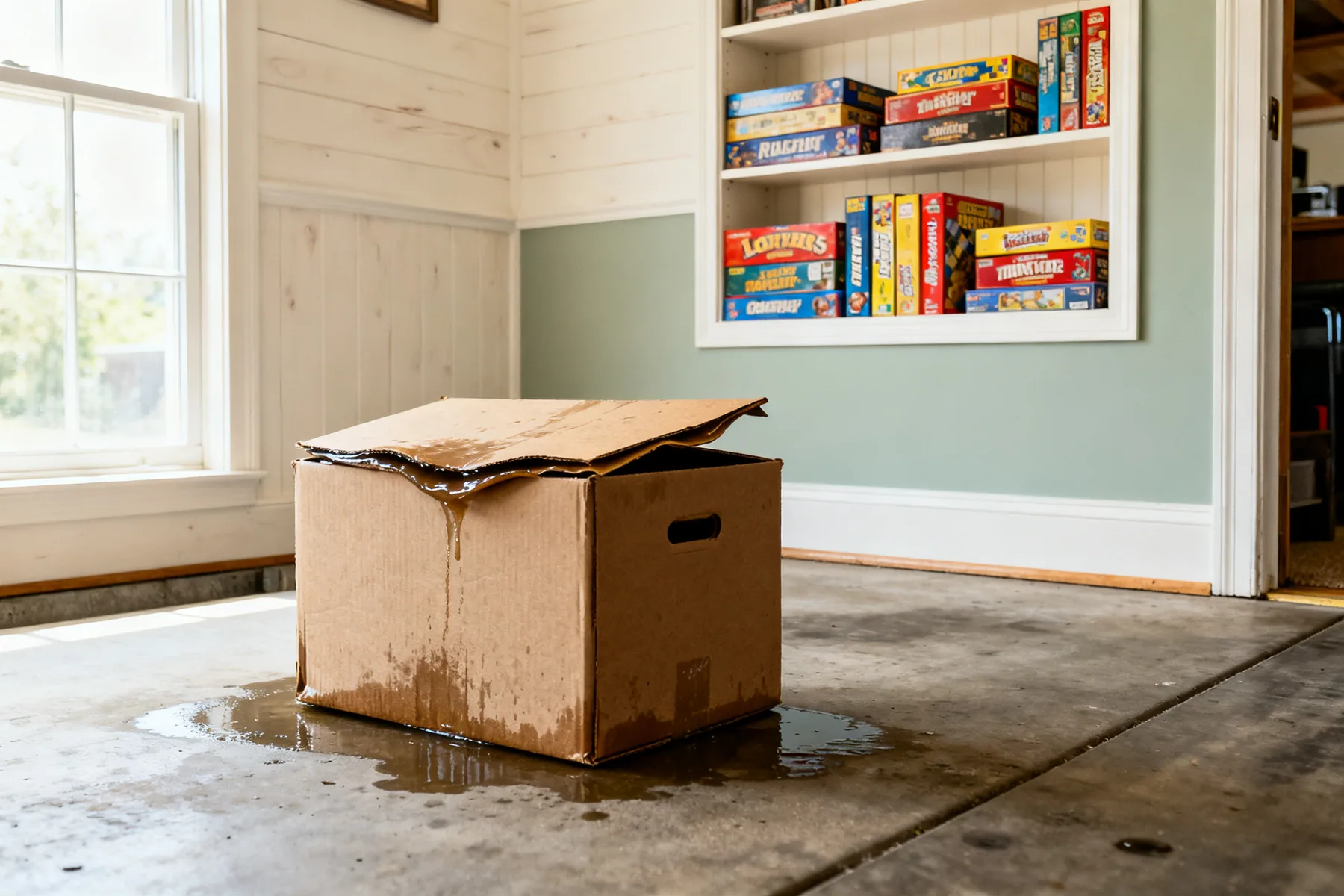 Never store games in a loft or garage Board games on a dry interior shelf contrasted with a damp cardboard game box on a garage floor with a warped swollen lid