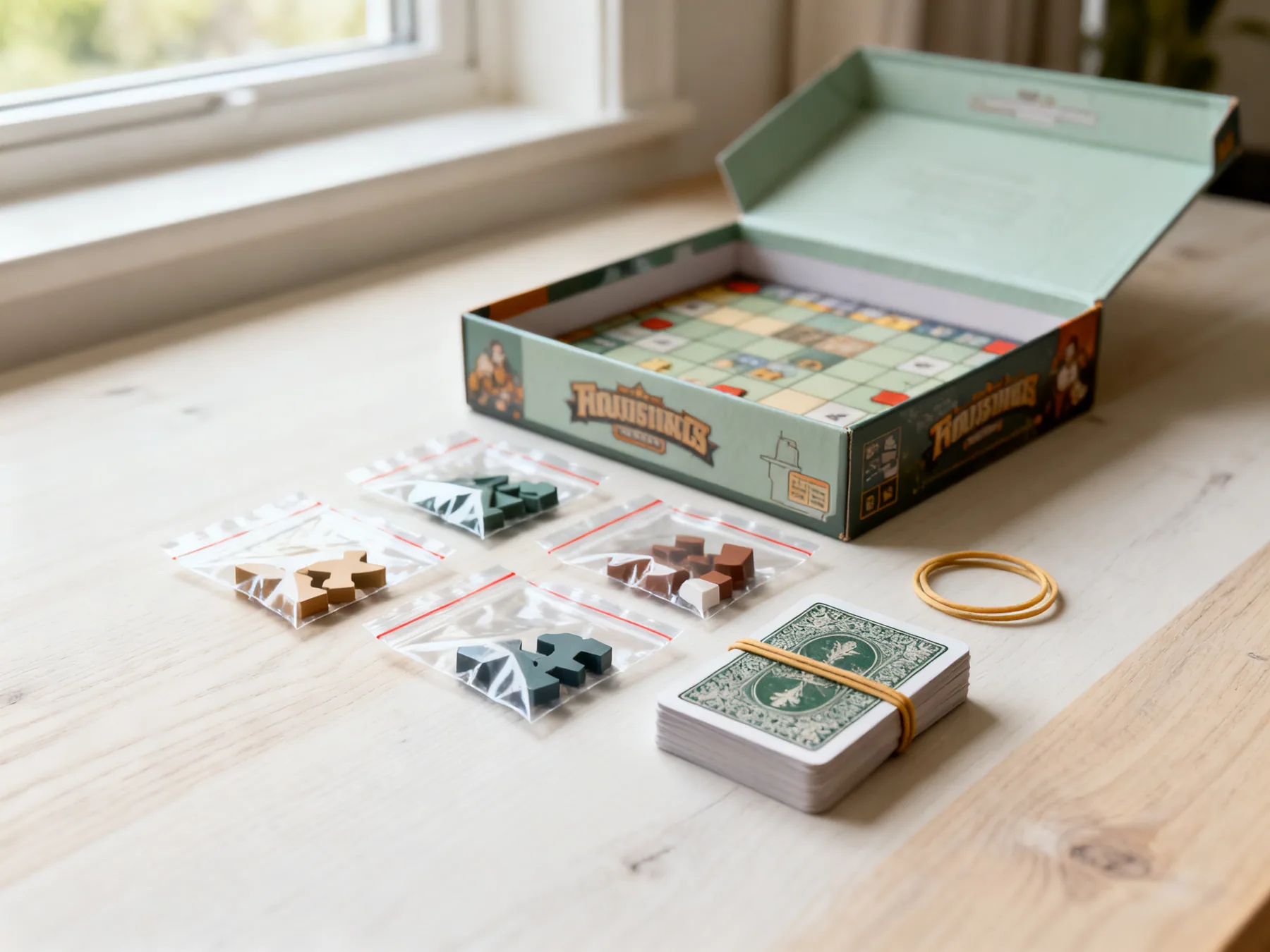 Bag by component, not by player Small resealable bags of game components beside an open board game box, each bag holding one type of piece, with a banded deck of cards