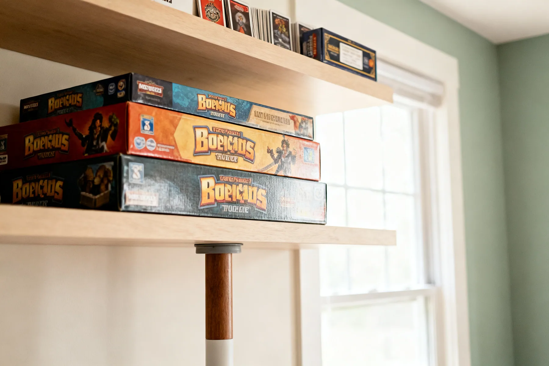 Games are heavier than they look A sturdy shelf of heavy board game boxes with a central support post keeping it straight, and a lighter shelf above holding card games