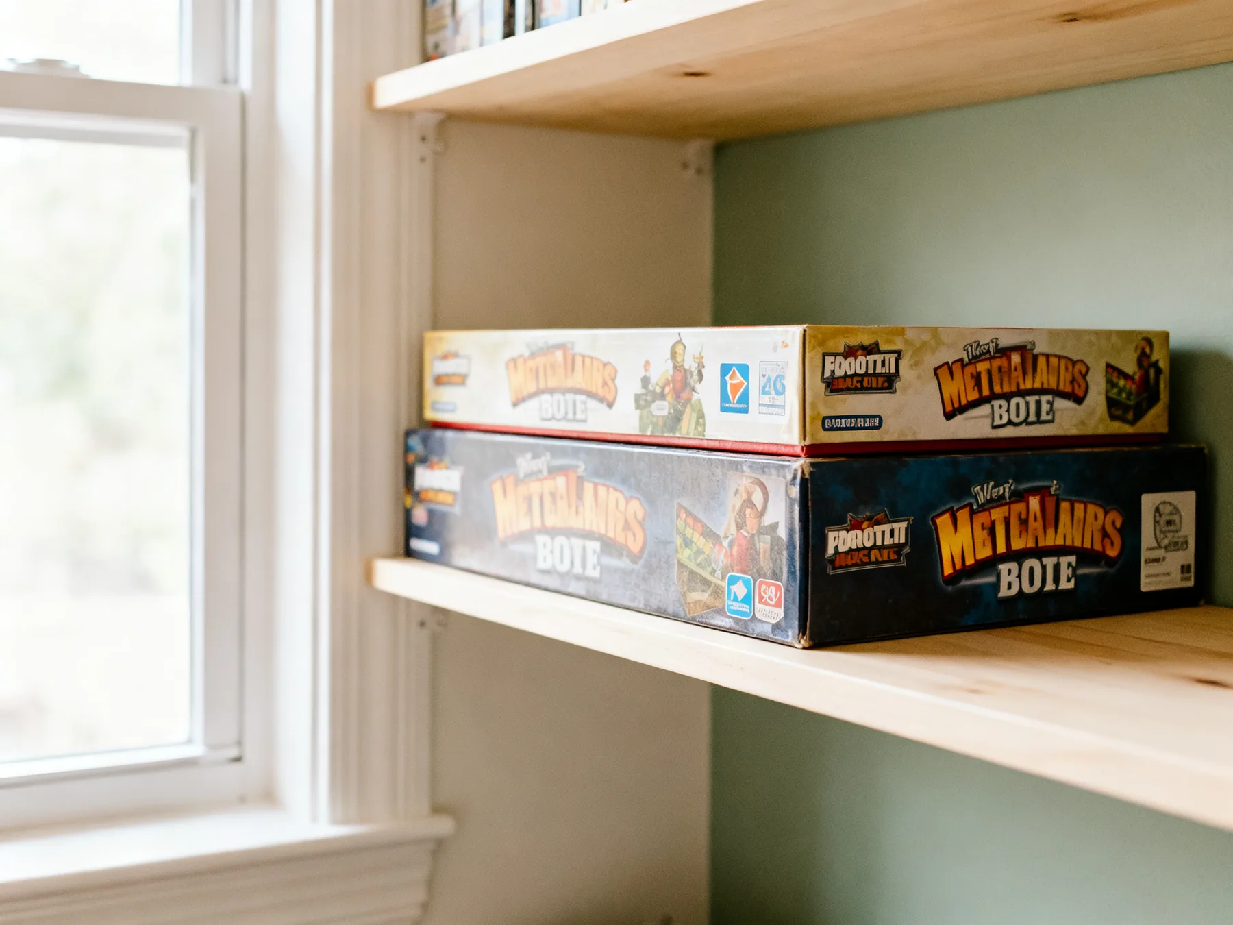 Flat, and no more than five high A shelf of board game boxes stored flat in two short stacks, largest at the bottom, with titles readable on the box edges