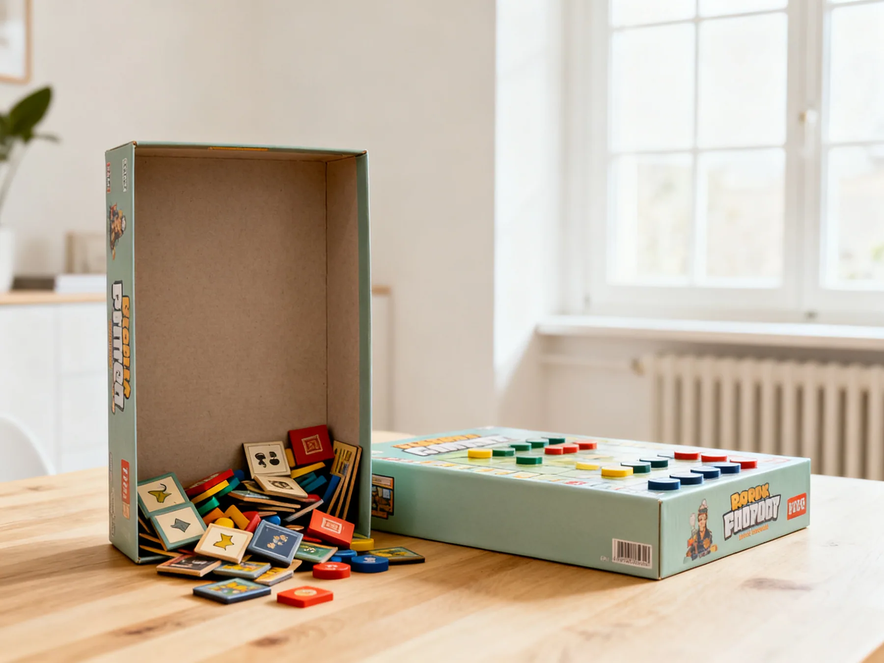 Upright storage empties the insert A board game box standing upright with components slumped to one end beside the same box lying flat with contents evenly settled