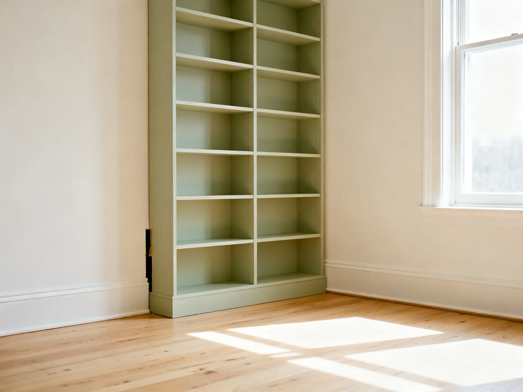 Out of the sun, off the cold wall A bookcase on an interior wall away from a bright window, with sunlight falling on the floor rather than the shelves and a gap behind the bookcase