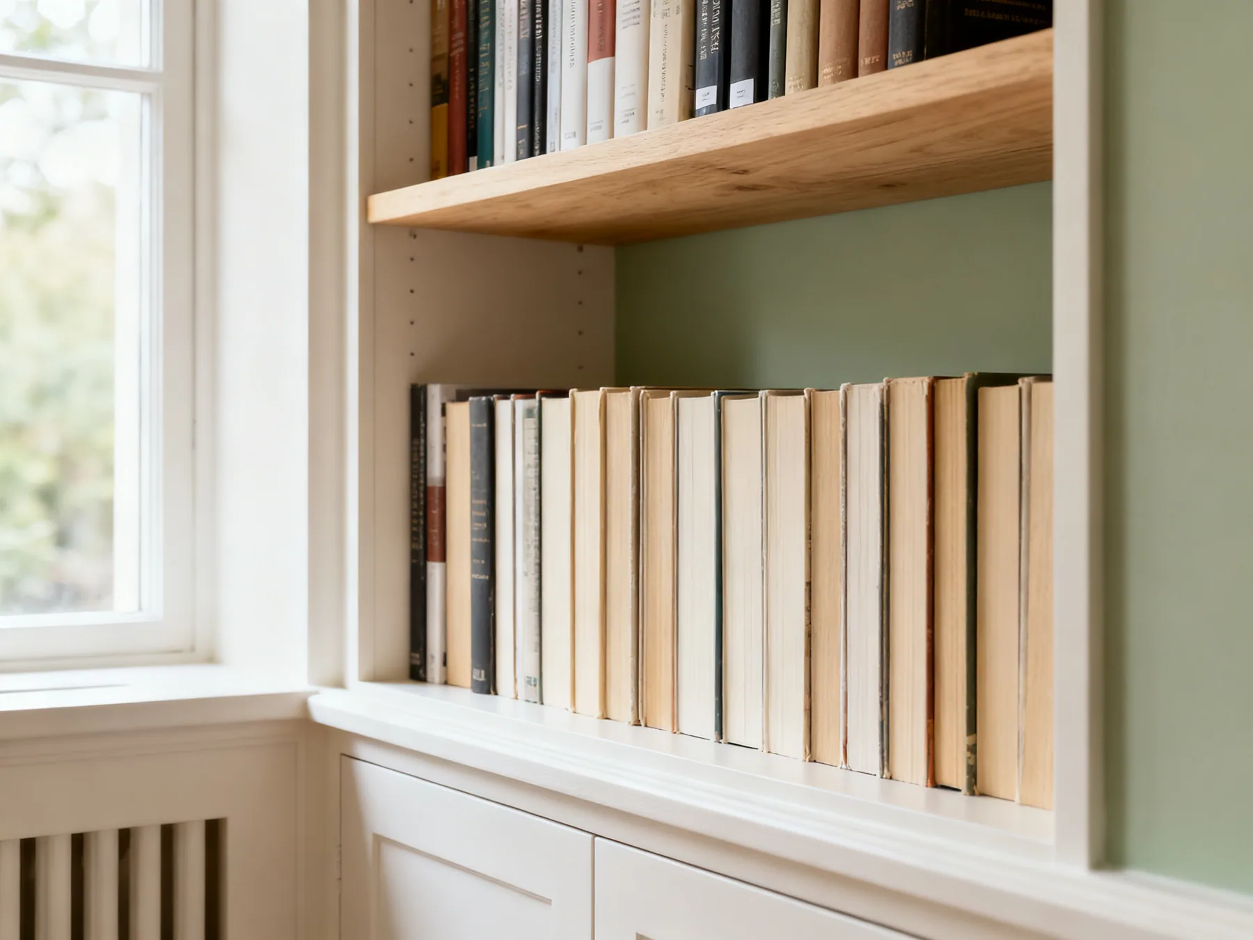 Two rows, with the back one raised A deep bookshelf with a front row of upright books and a second row behind raised on a low riser so the back spines stay readable