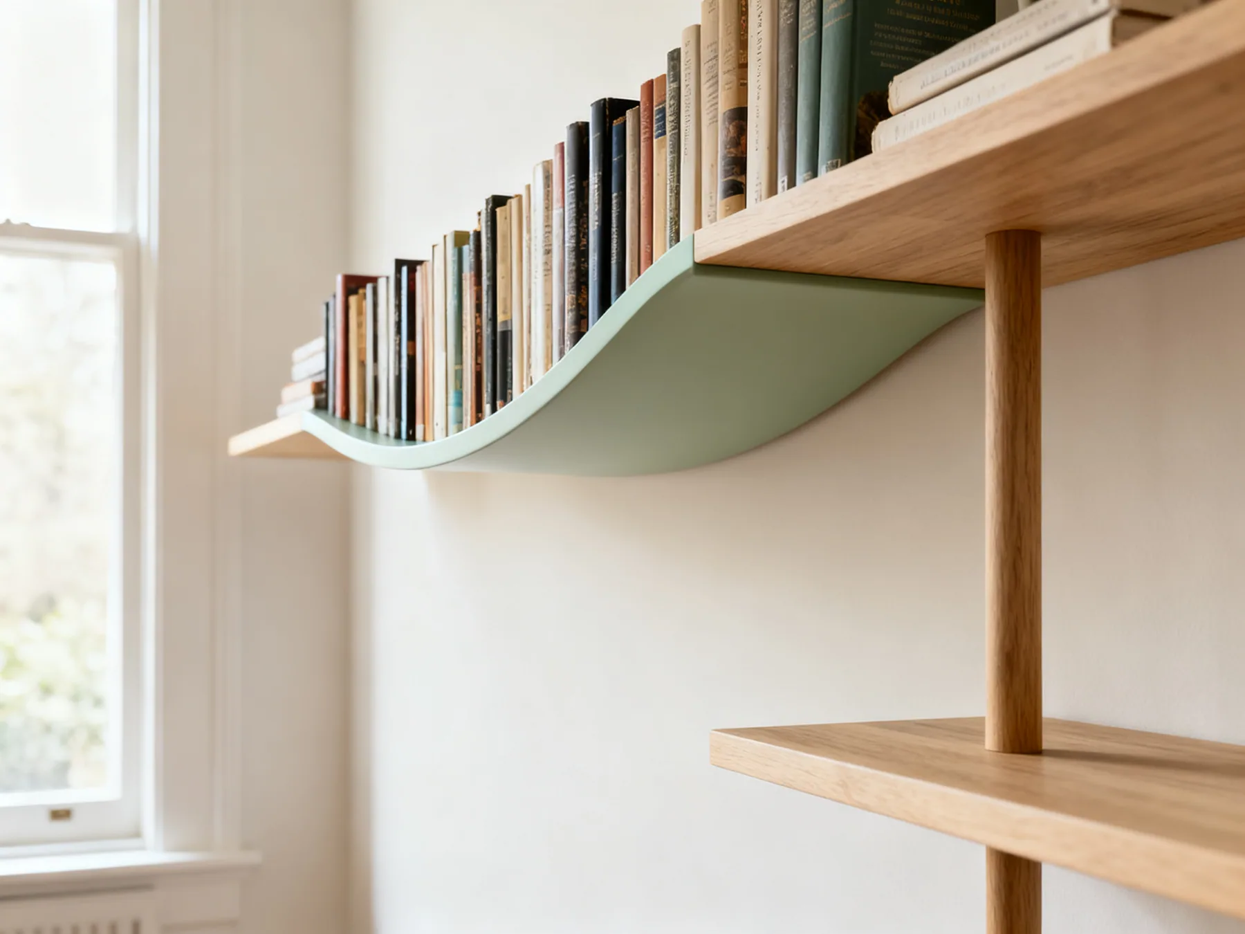 Books are heavier than shelves expect A bookshelf with one long unsupported shelf visibly bowed under a row of books beside a shorter shelf with a central support that has stayed straight