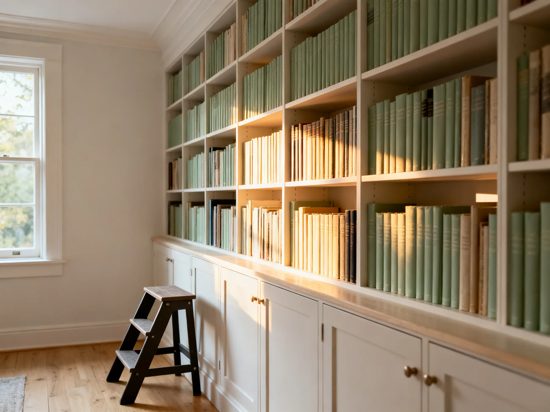 Books reward going all the way up A wall of built-in bookshelves taken to the ceiling filled with upright books, with a library step stool beside it
