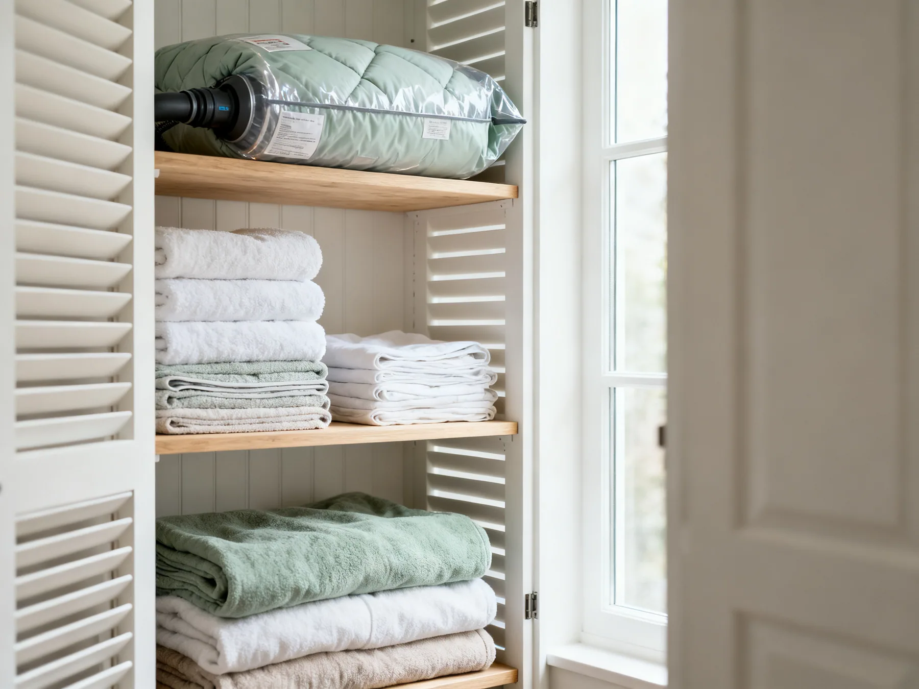 Storage for bulky soft goods An airing cupboard with slatted shelves of folded towels and bed linen in labelled stacks, a vacuum bag holding a spare duvet on the top shelf and folded blankets below